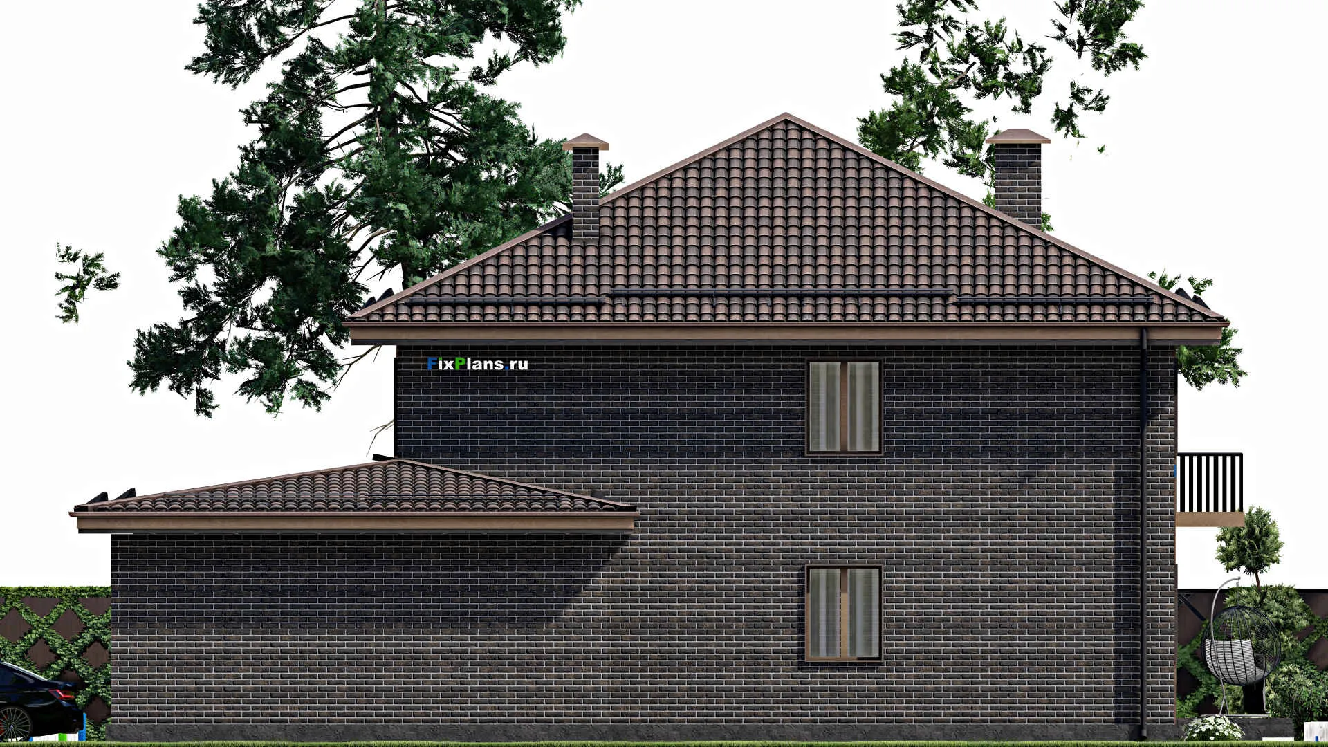 F-4967 - Проект двухэтажного дома 17 на 17, площадью 290 м² с террасой, балконом, гаражом на 2 машины и 7 спальнями