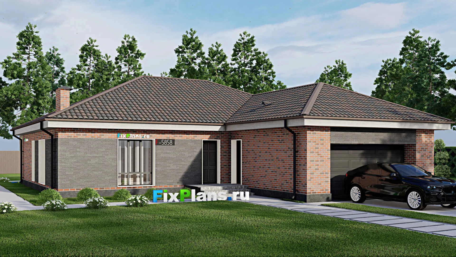 F-5858 - Проект одноэтажного дома 16 на 18, площадью 190 м² с гаражом на 2 машины и 3 спальнями