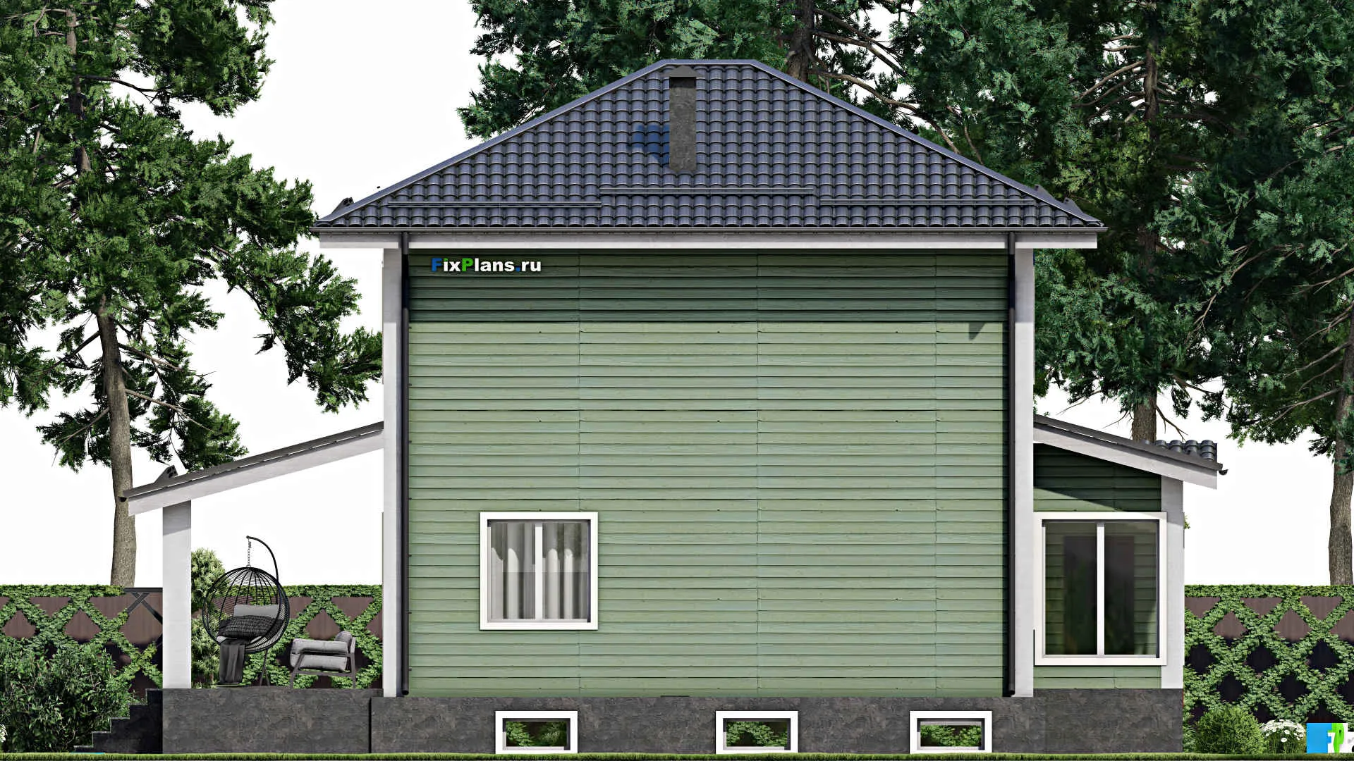 F-5336 - Планы двухэтажного дома 8 на 12, площадью 210 м² с террасой, цокольным этажом и 3 спальнями