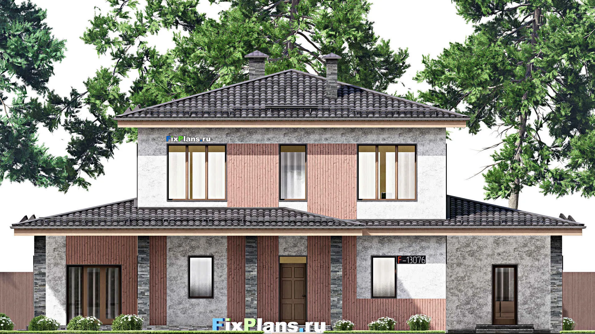 F-13076 - Проект двухэтажного дома 14 на 19, площадью 260 м² с террасой, баней и 4 спальнями