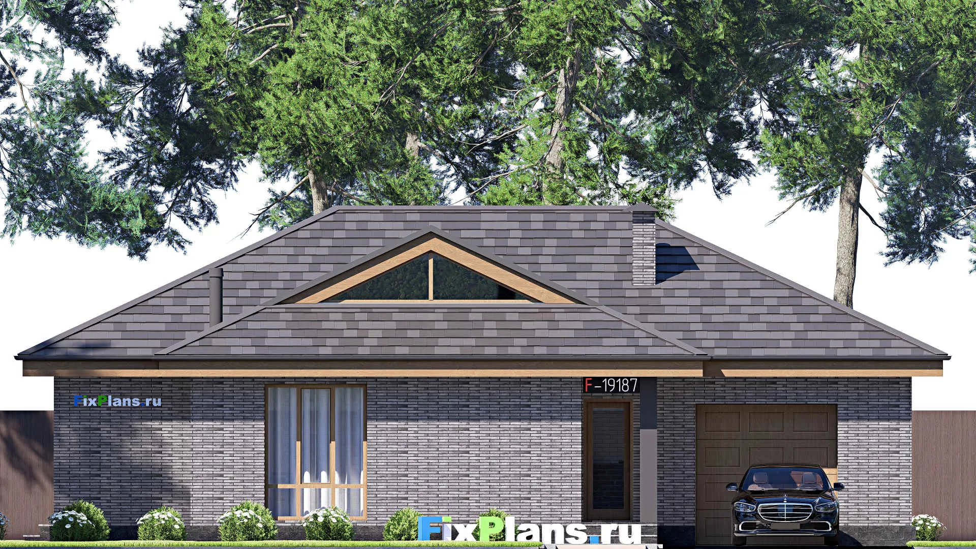 F-19187 - Проект одноэтажного дома 13 на 16, площадью 140 м² с террасой, гаражом на 2 машины и 2 спальнями