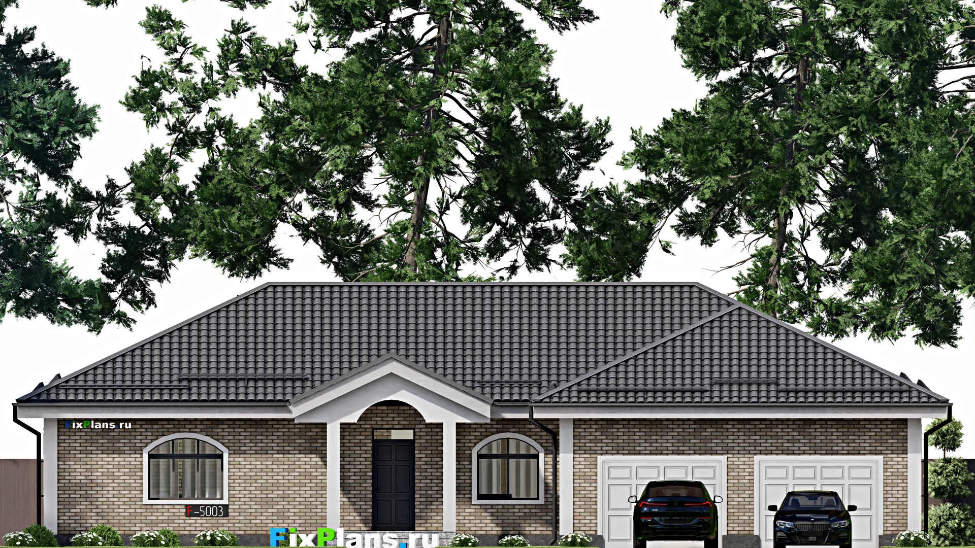 F-5003 - План одноэтажного дома 15 на 21, площадью 210 м² с гаражом на 2 машины и 2 спальнями