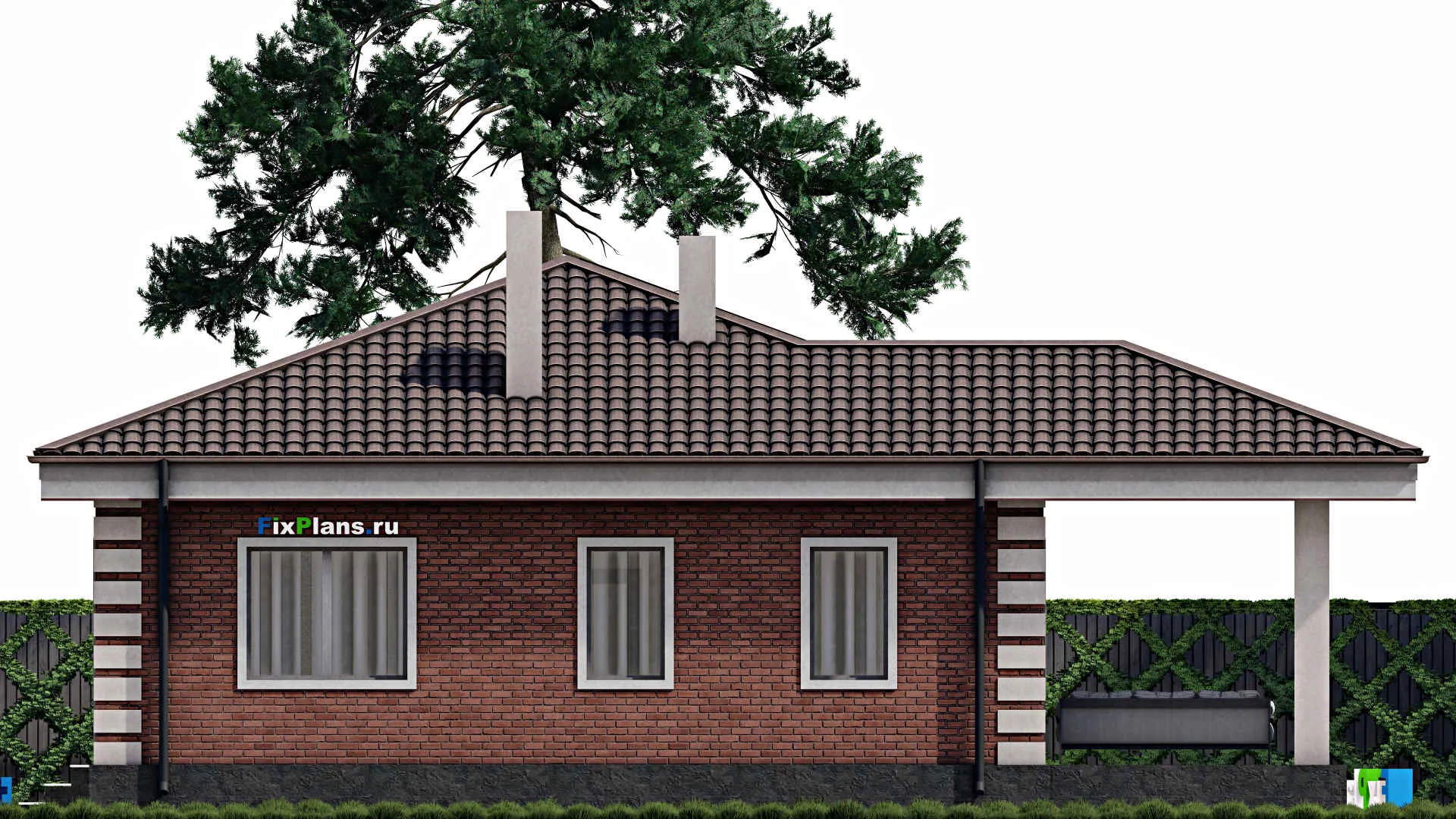 F-0827 - Проект одноэтажного дома 11 на 18, площадью 150 м² с террасой, гаражом на 1 машину и 3 спальнями