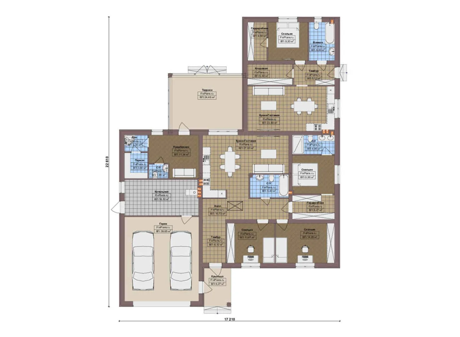F-18692 - План одноэтажного дома 18 на 23, площадью 260 м² с террасой, баней, гаражом на 2 машины и 4 спальнями