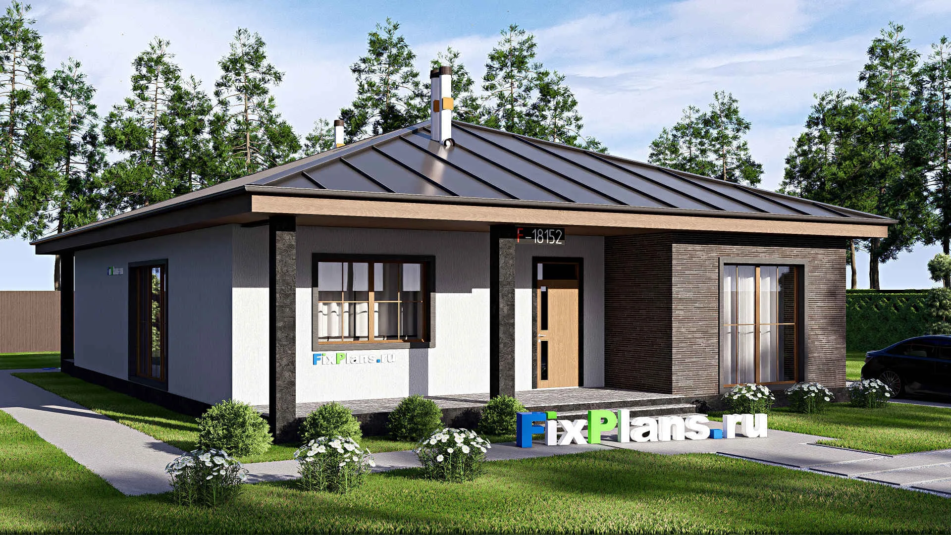 F-18152 - Проект одноэтажного дома 13 на 18, площадью 160 м² с террасой и 3 спальнями