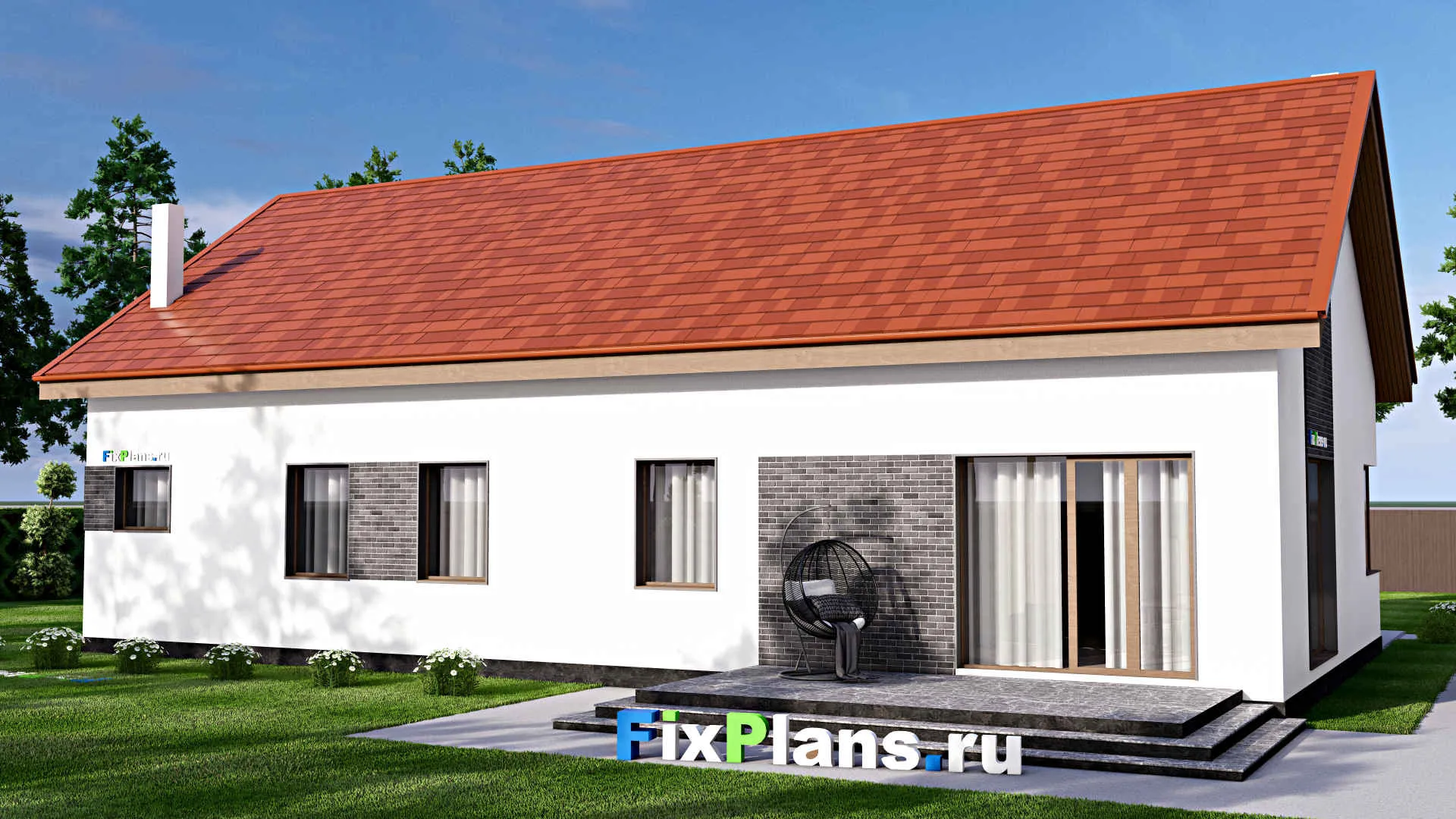 F-16631 - Проект одноэтажного дома 17 на 20, площадью 370 м² с террасой, гаражом на 2 машины и 3 спальнями