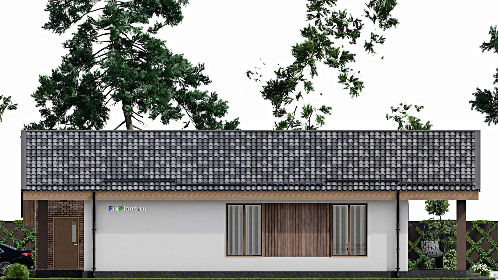 F-10358 - Проект одноэтажного дома 14 на 18, площадью 170 м² с террасой, гаражом на 1 машину и 3 спальнями