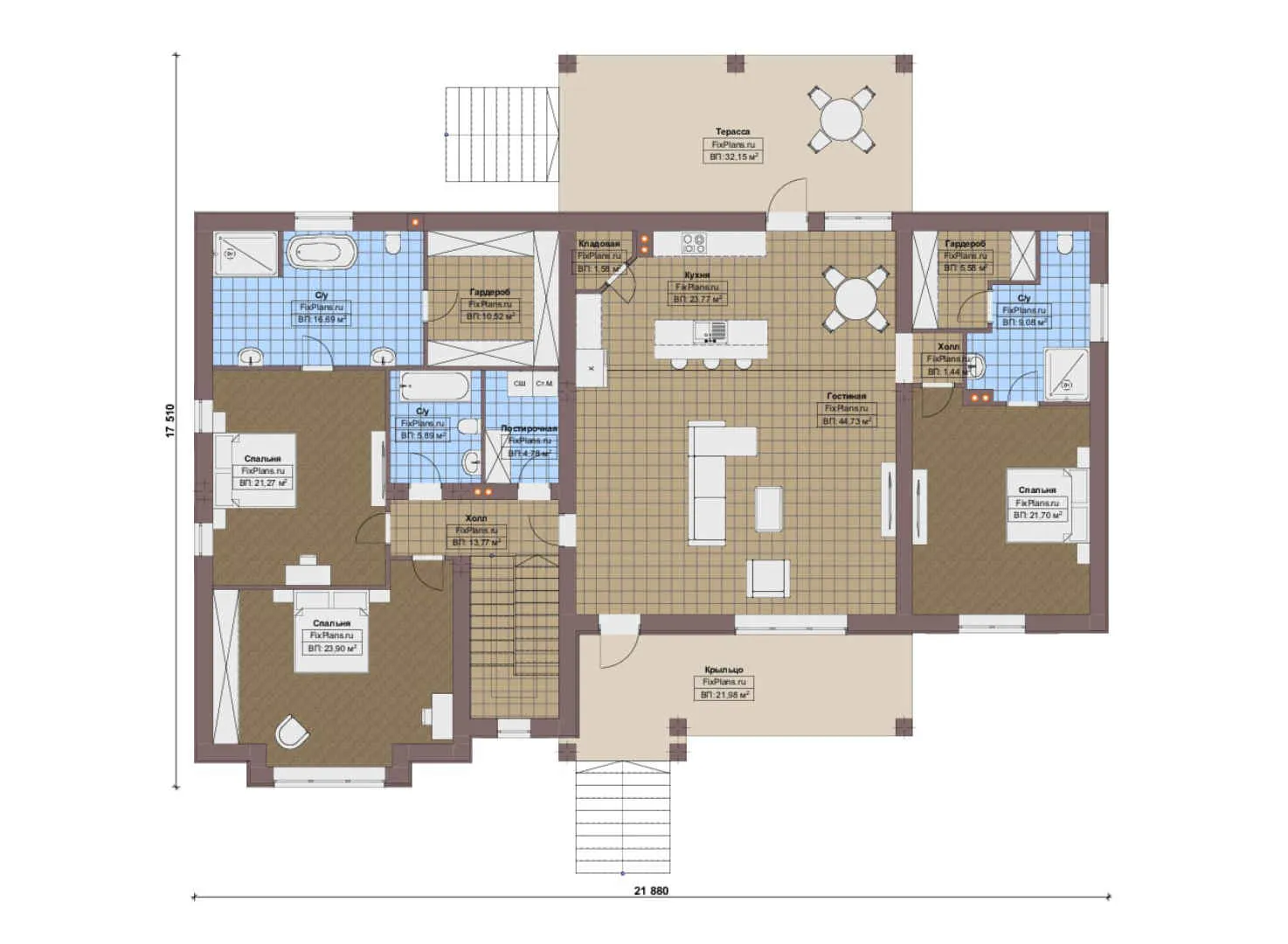 F-16892 - План одноэтажного дома 18 на 22, площадью 460 м² с террасой, цокольным этажом, гаражом на 2 машины и 4 спальнями