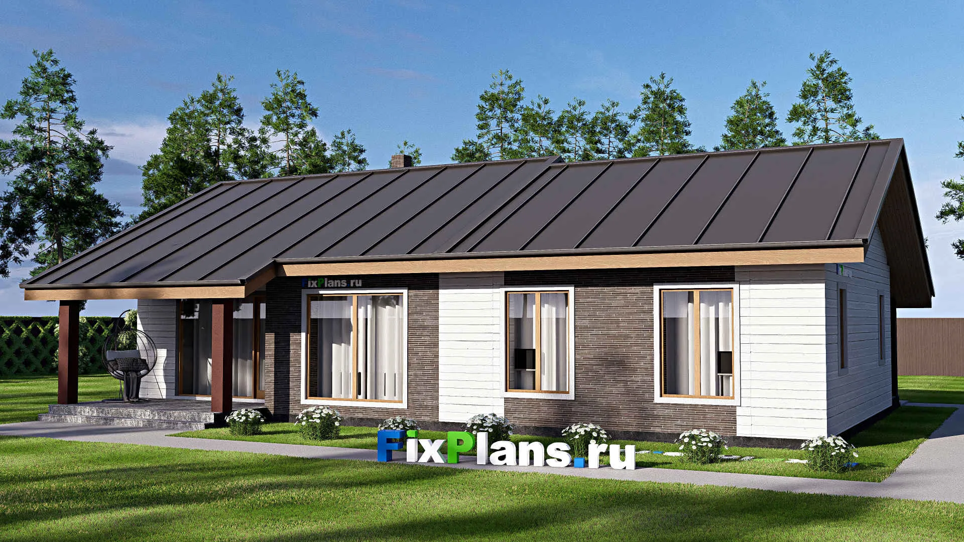 F-18035 - Проект одноэтажного дома 12 на 17, площадью 140 м² с террасой и 3 спальнями