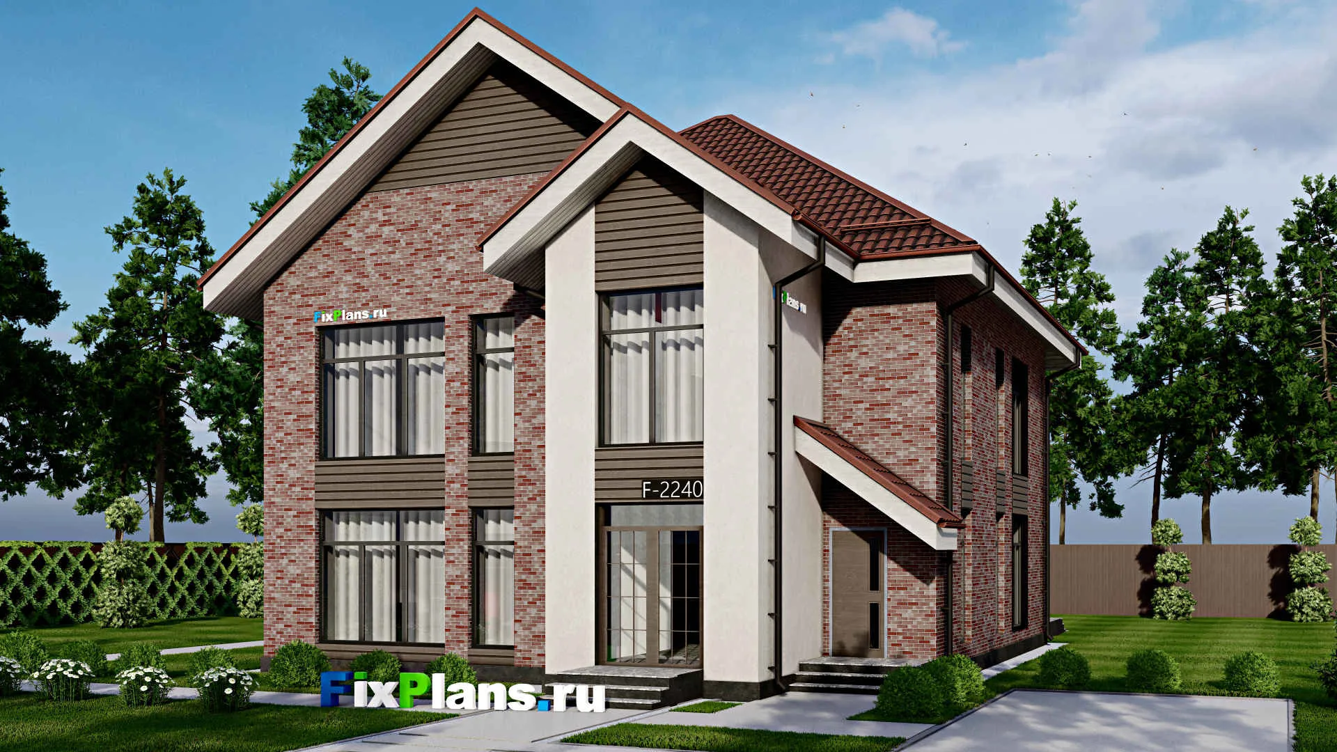 F-2240 - Проект двухэтажного дома 12 на 15, площадью 290 м² с террасой и 3 спальнями