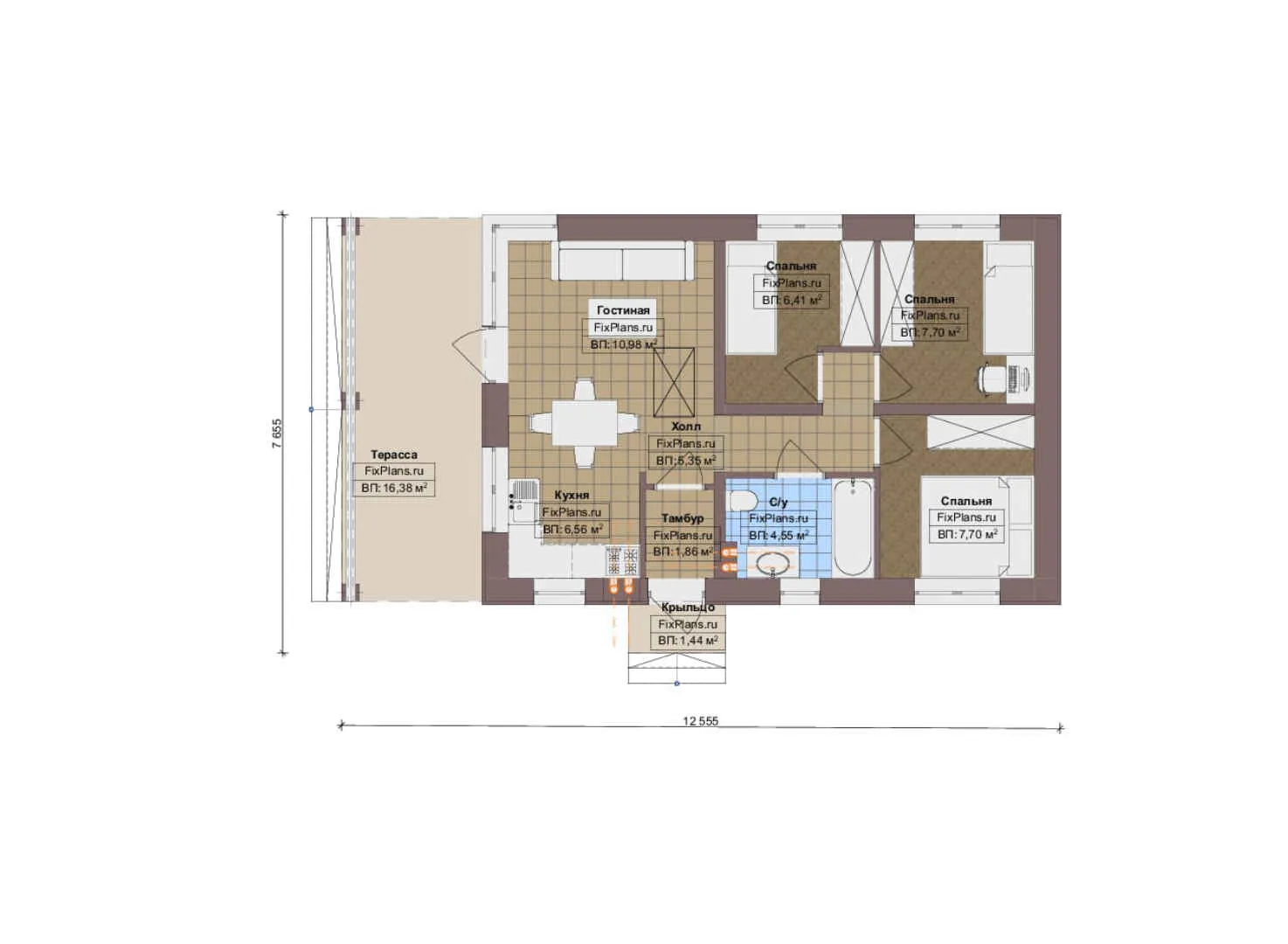 F-16010 - План одноэтажного дома 8 на 13, площадью 70 м² с террасой и 3 спальнями