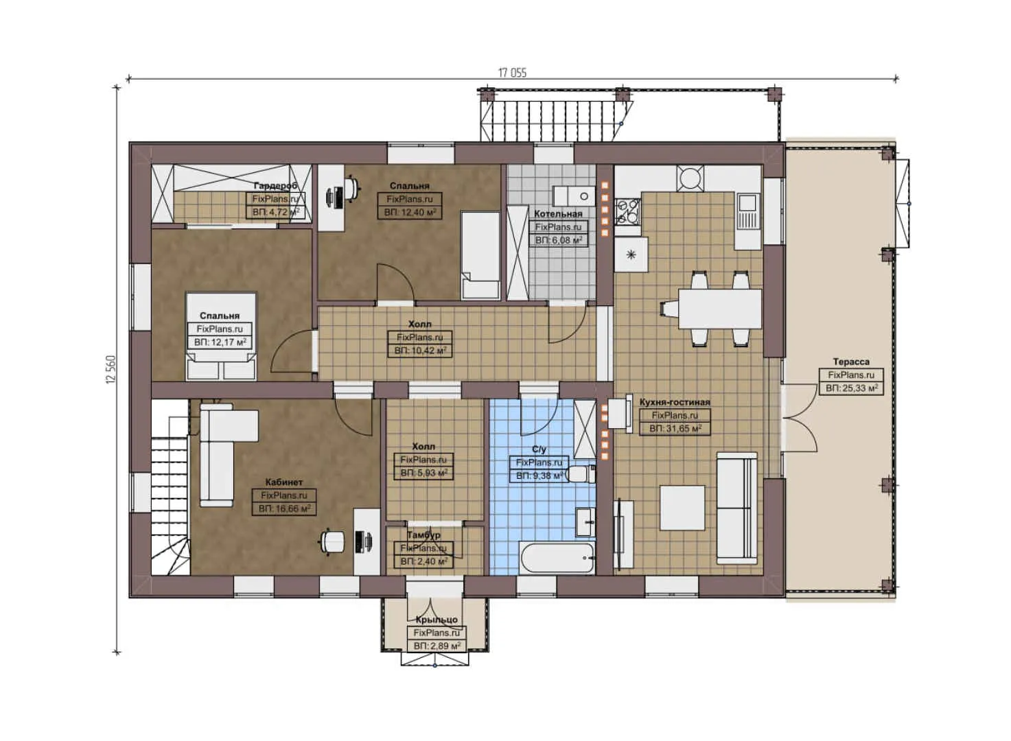 F-9494 - План одноэтажного дома 13 на 18, площадью 260 м² с террасой, цокольным этажом и 2 спальнями