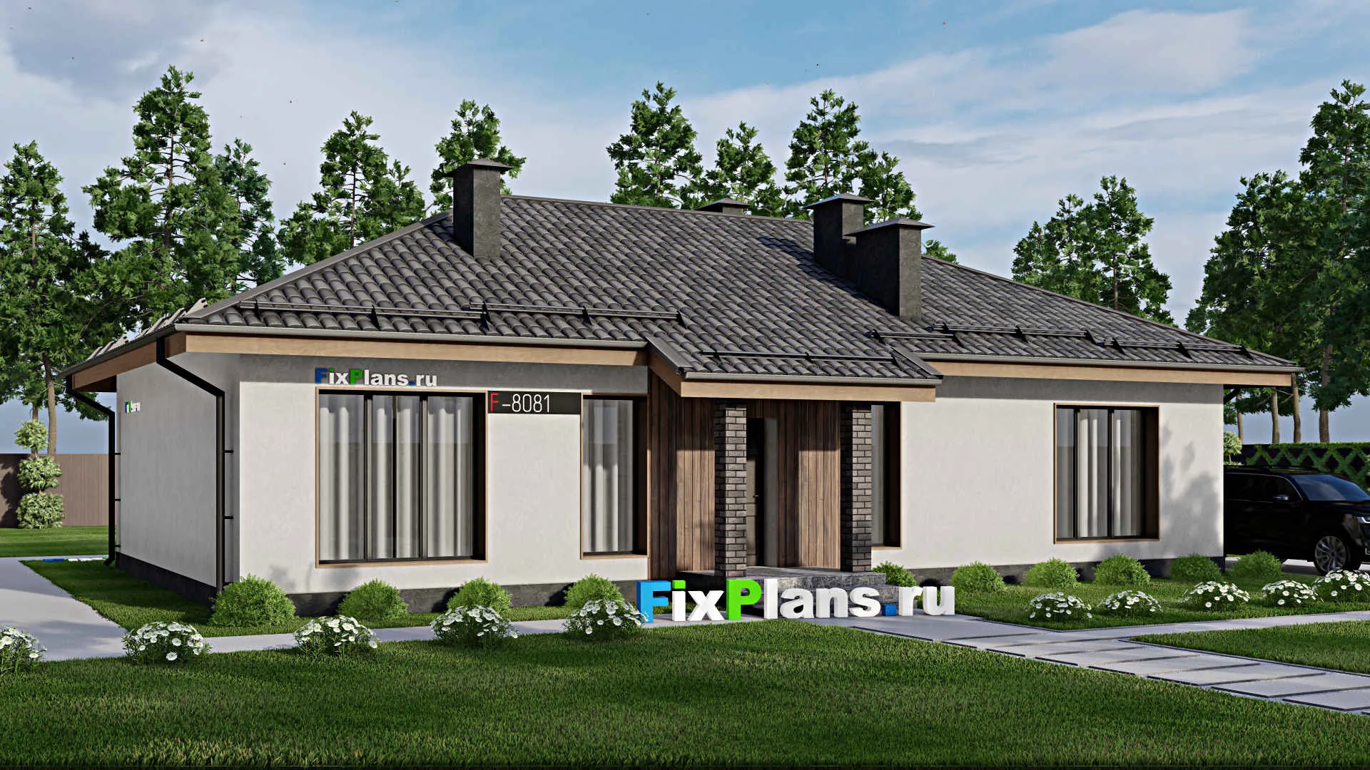 F-8081 - Проект одноэтажного дома 11 на 17, площадью 160 м² с террасой и 3 спальнями