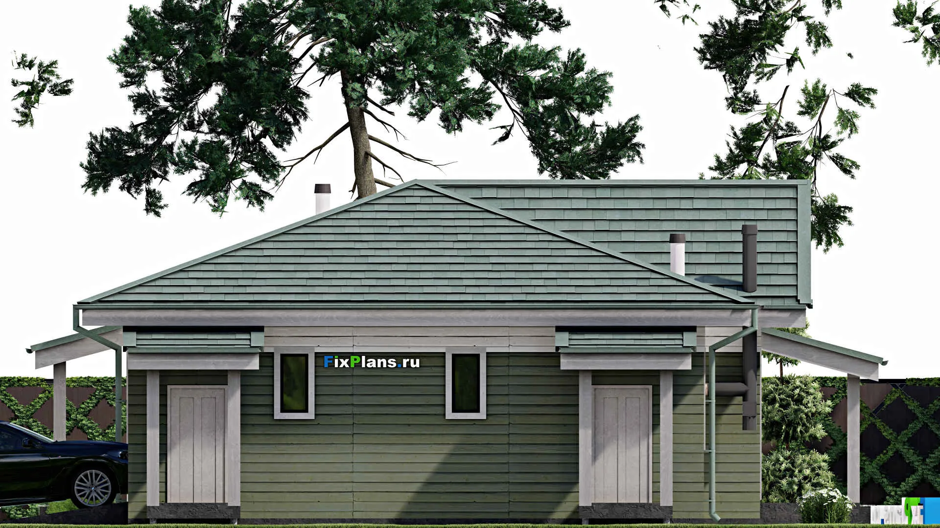 F-9791 - Проект одноэтажного дома 13 на 18, площадью 160 м² с террасой, гаражом на 1 машину и 2 спальнями