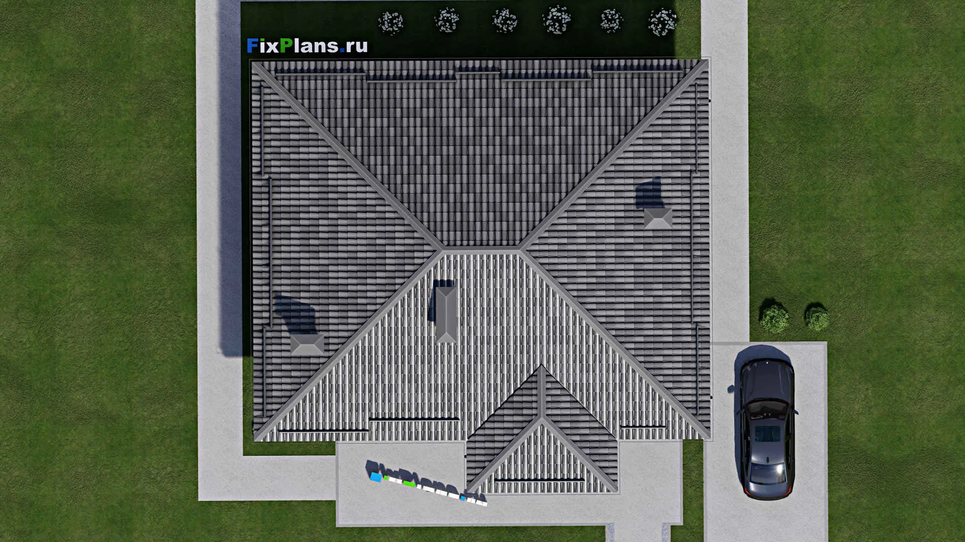 F-7874 - План одноэтажного дома 11 на 14, площадью 120 м² с террасой и 3 спальнями