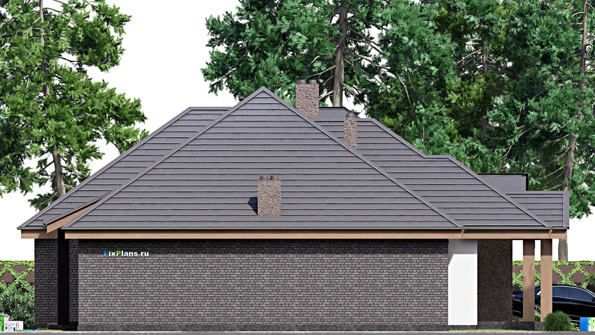 F-16955 - Проект одноэтажного дома 18 на 20, площадью 260 м² с террасой, гаражом на 2 машины и 3 спальнями