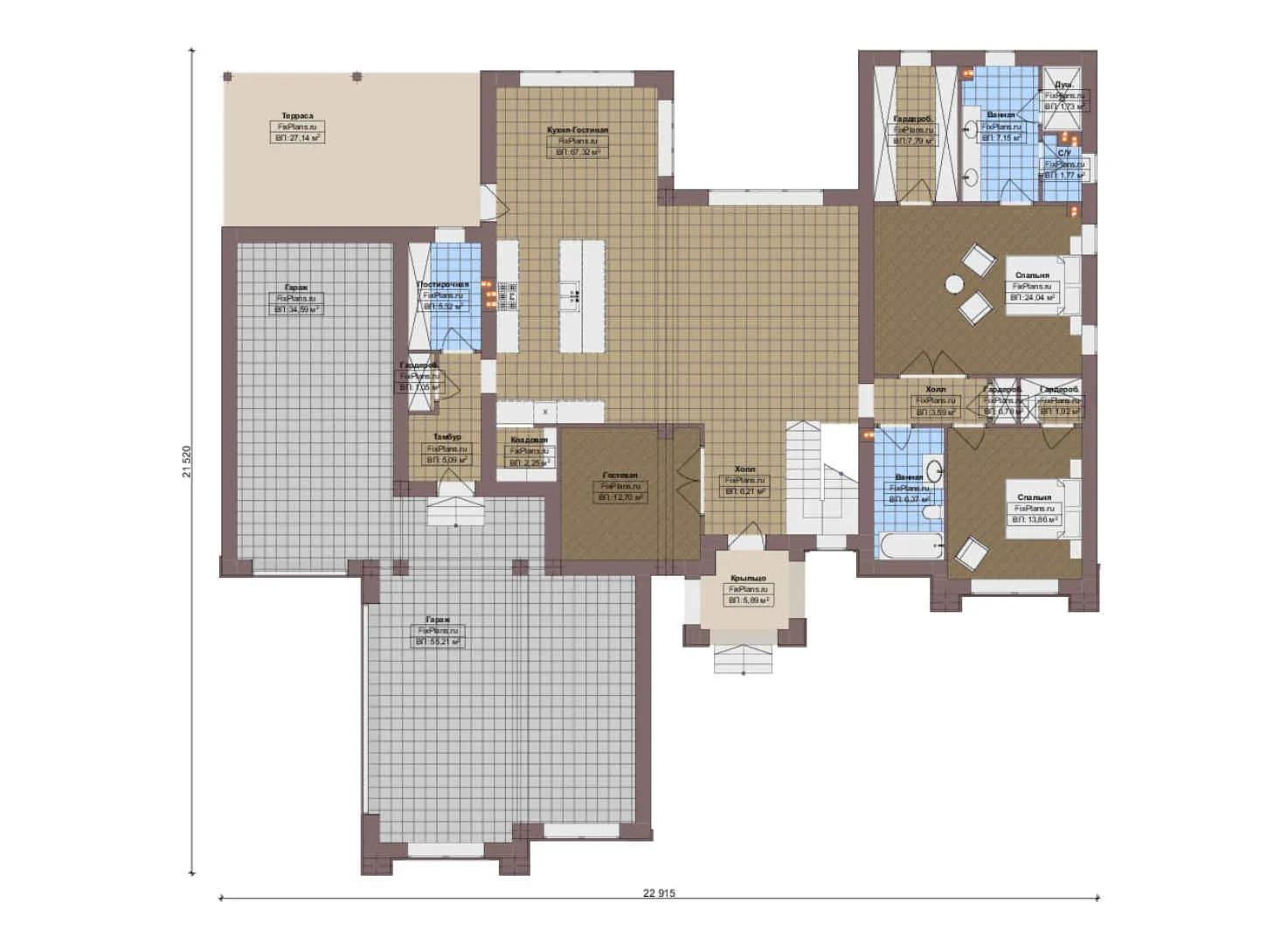F-20780 - План одноэтажного дома 22 на 23, площадью 250 м² с спортзалом и 2 спальнями