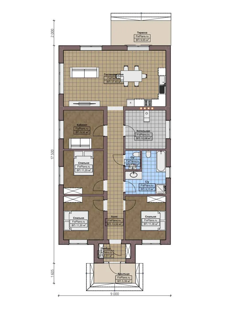 F-2816 - План одноэтажного дома 9 на 18, площадью 140 м² с террасой и 3 спальнями