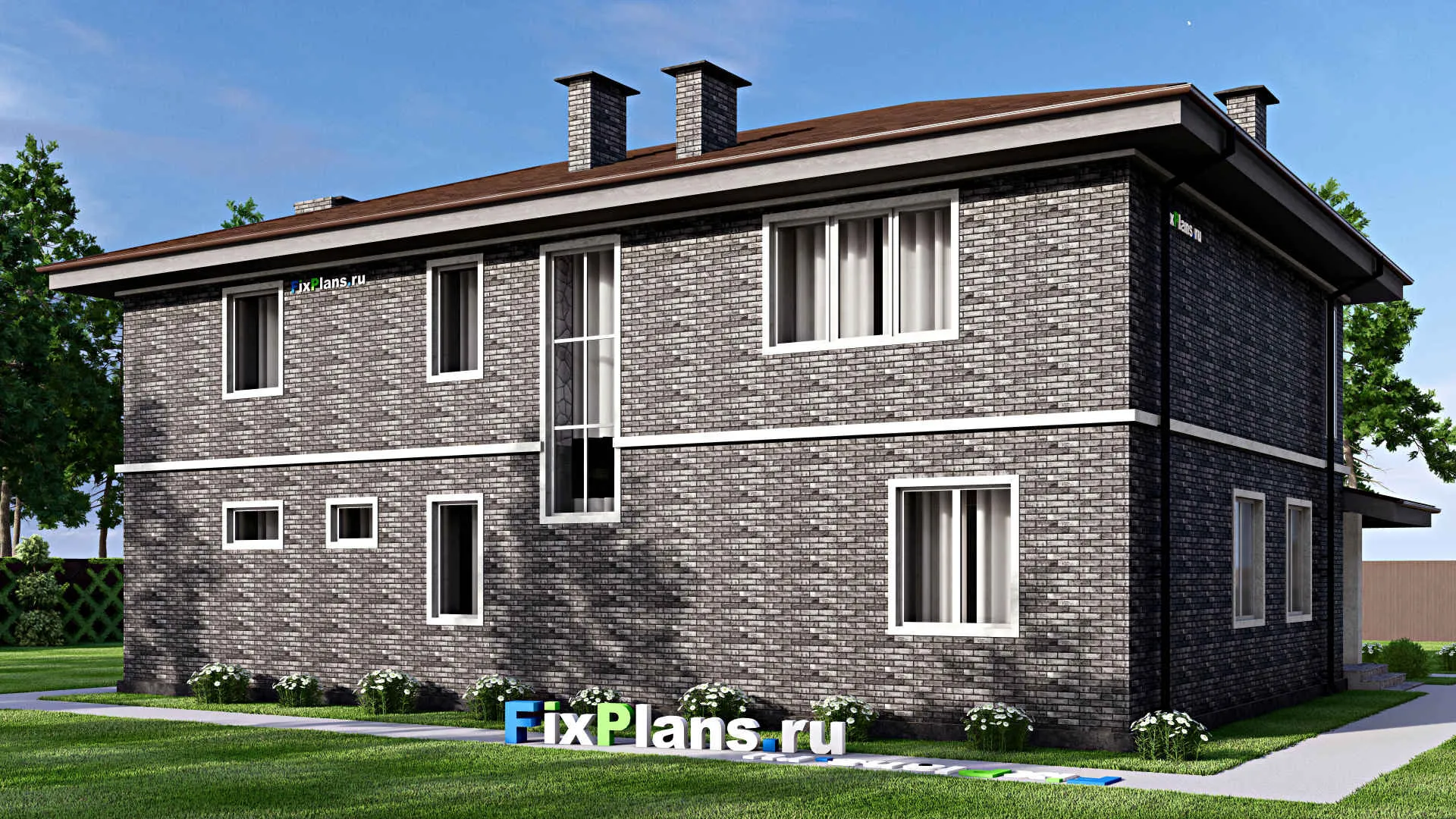 F-9521 - Проект двухэтажного дома 15 на 17, площадью 290 м² с террасой, балконом, баней, гаражом на 1 машину и 3 спальнями