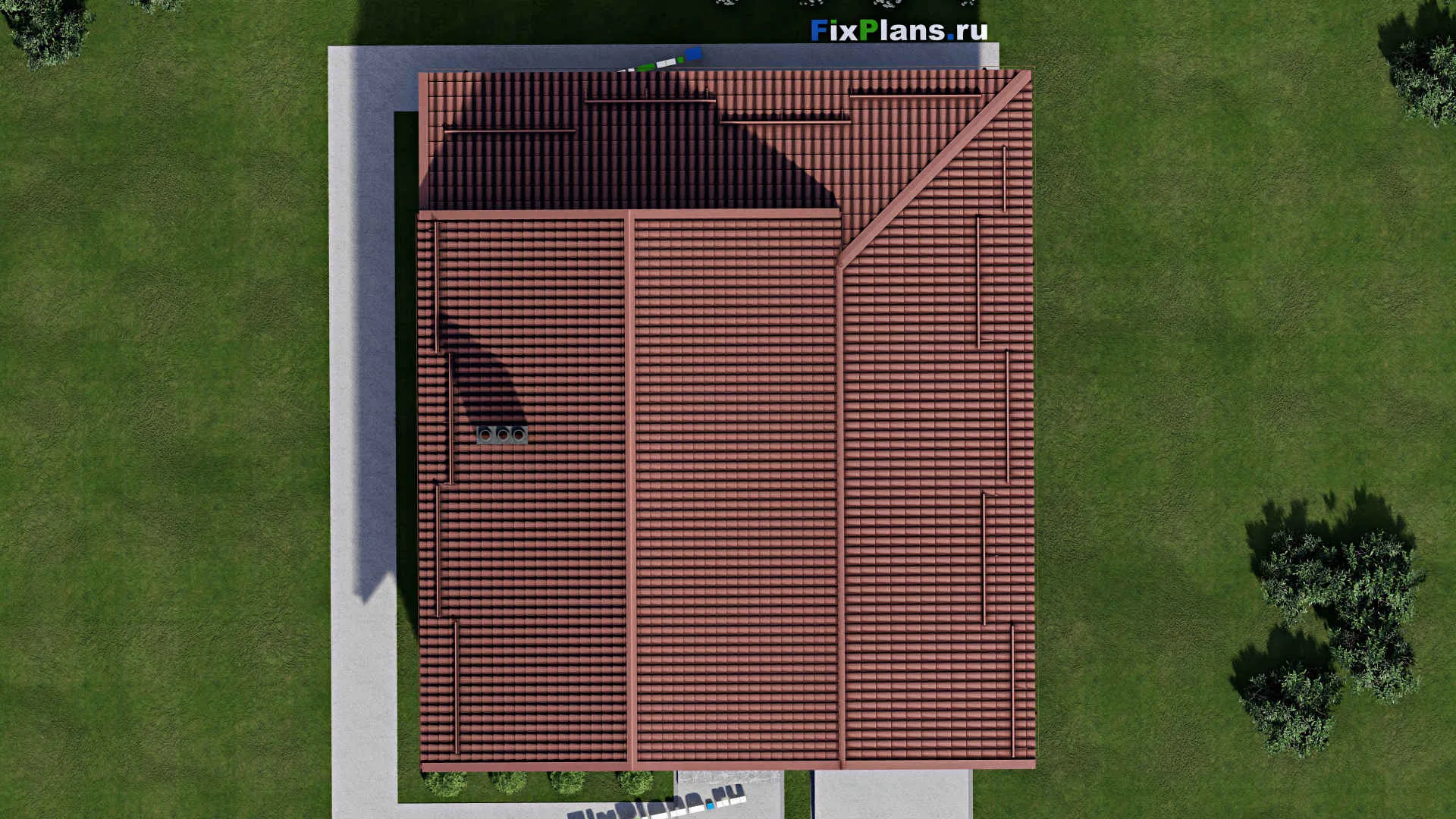 F-3032 - Планы дома с мансардой 13 на 15, площадью 210 м² с террасой, гаражом на 2 машины и 3 спальнями