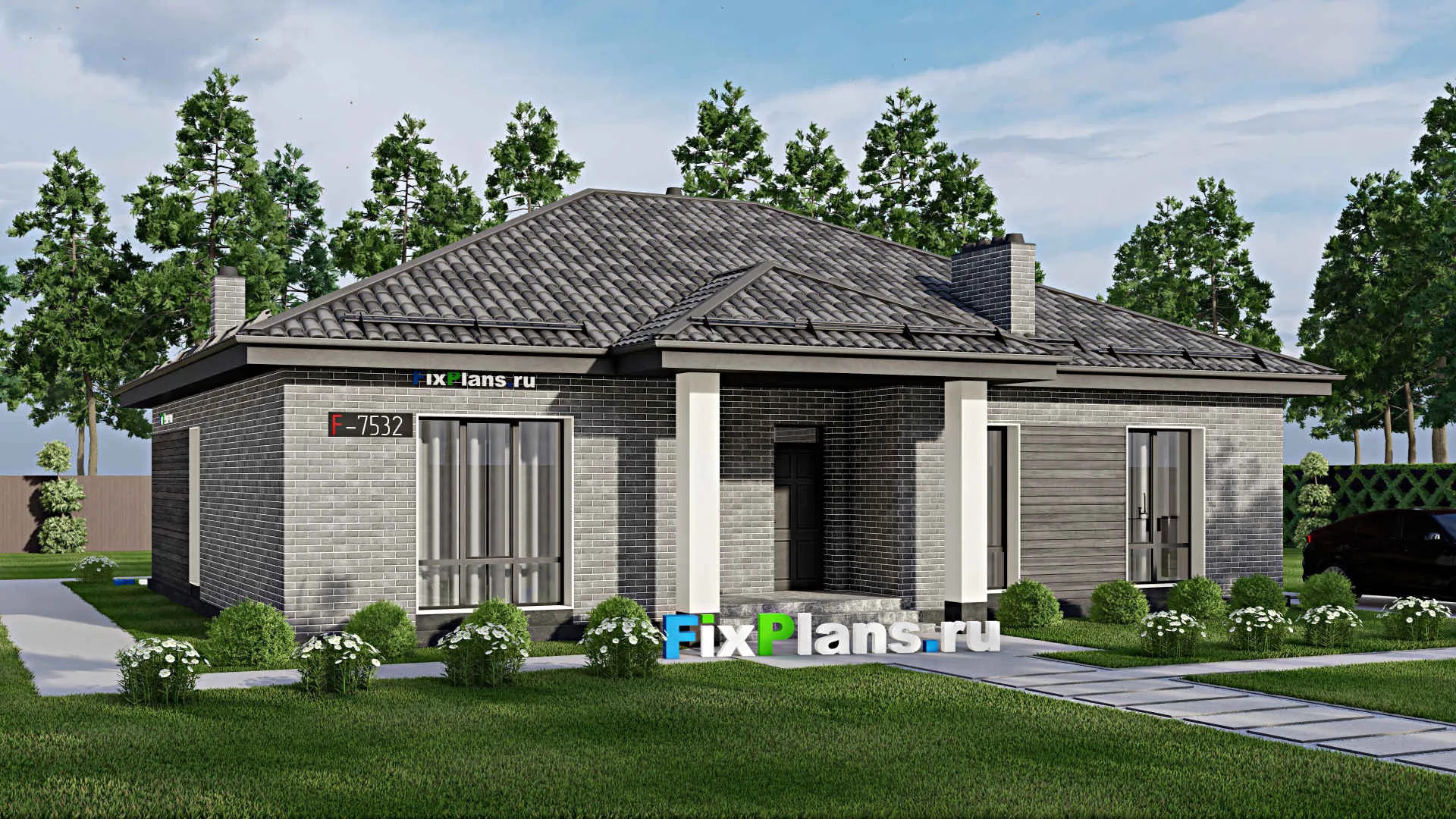 F-7532 - Проект одноэтажного дома 14 на 16, площадью 150 м² с террасой и 3 спальнями