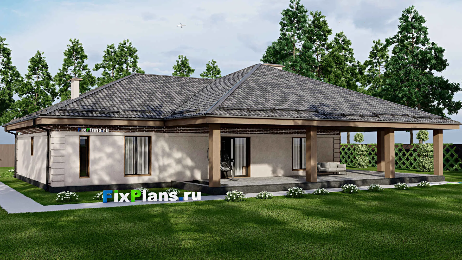 F-7730 - План одноэтажного дома 15 на 19, площадью 310 м² с террасой и 4 спальнями