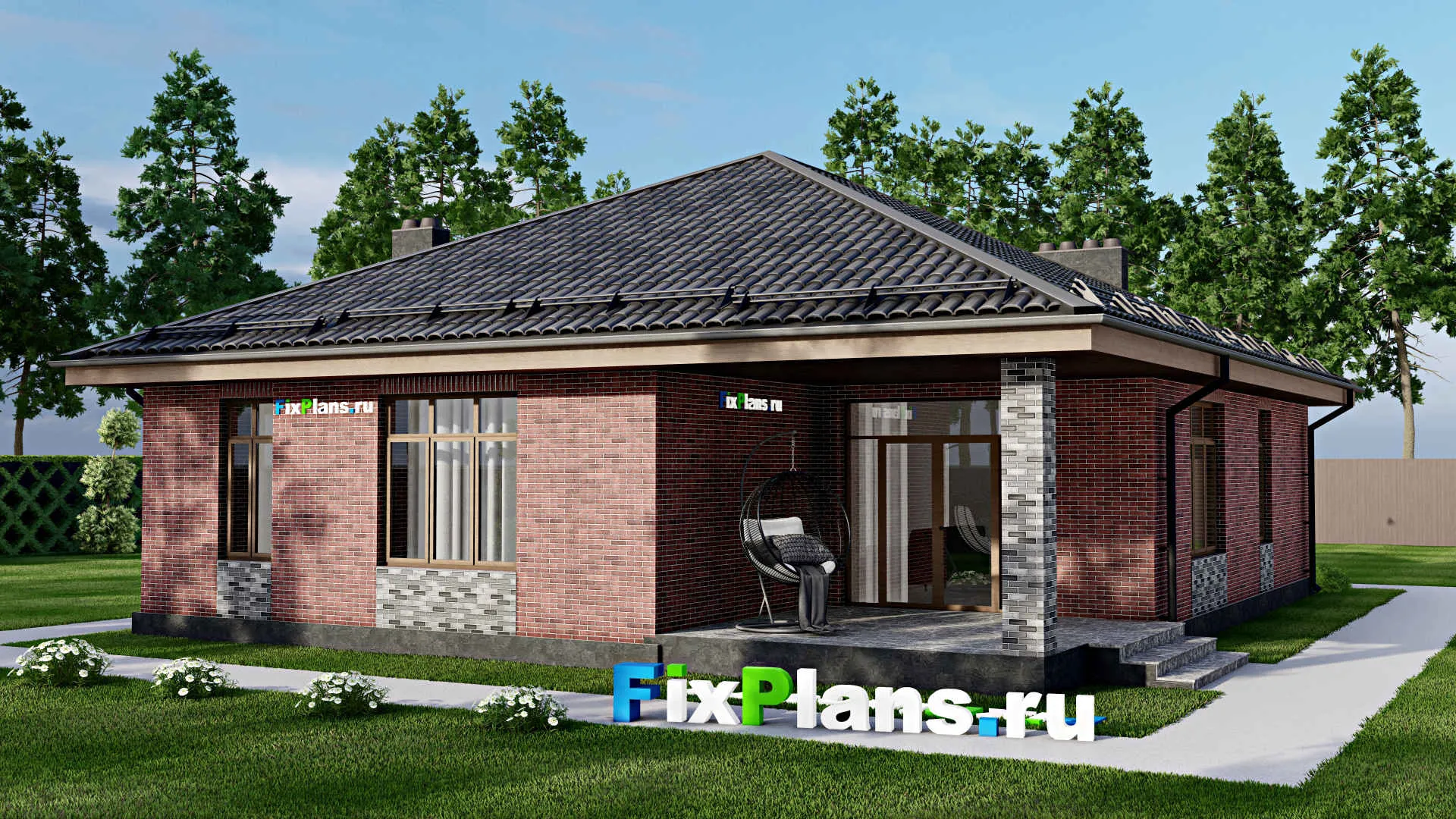 F-8468 - План одноэтажного дома 12 на 16, площадью 140 м² с террасой, баней и 2 спальнями