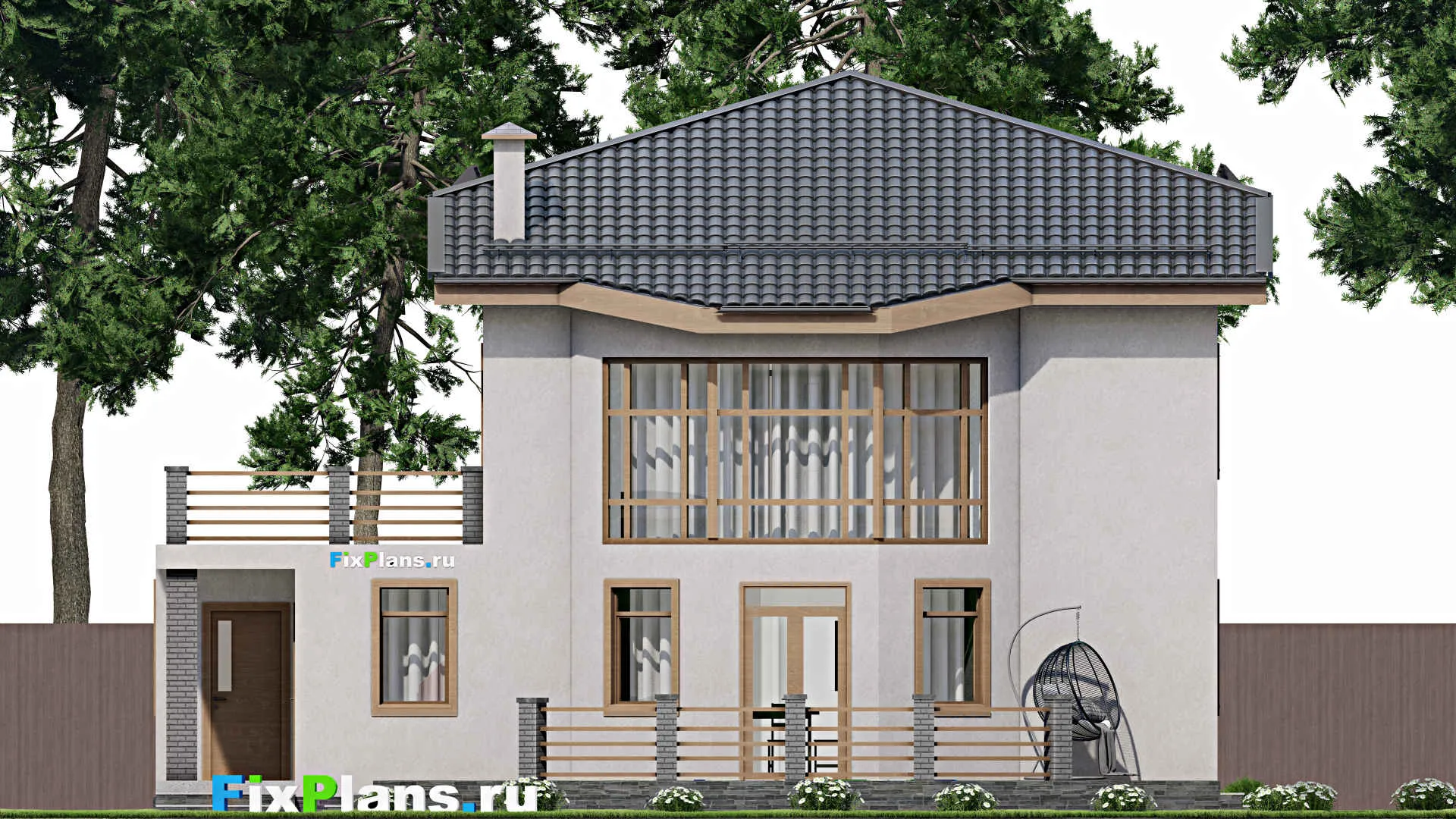 F-2699 - Проект двухэтажного дома 14 на 14, площадью 300 м² с террасой, балконом, гаражом на 1 машину, бассейном и 4 спальнями