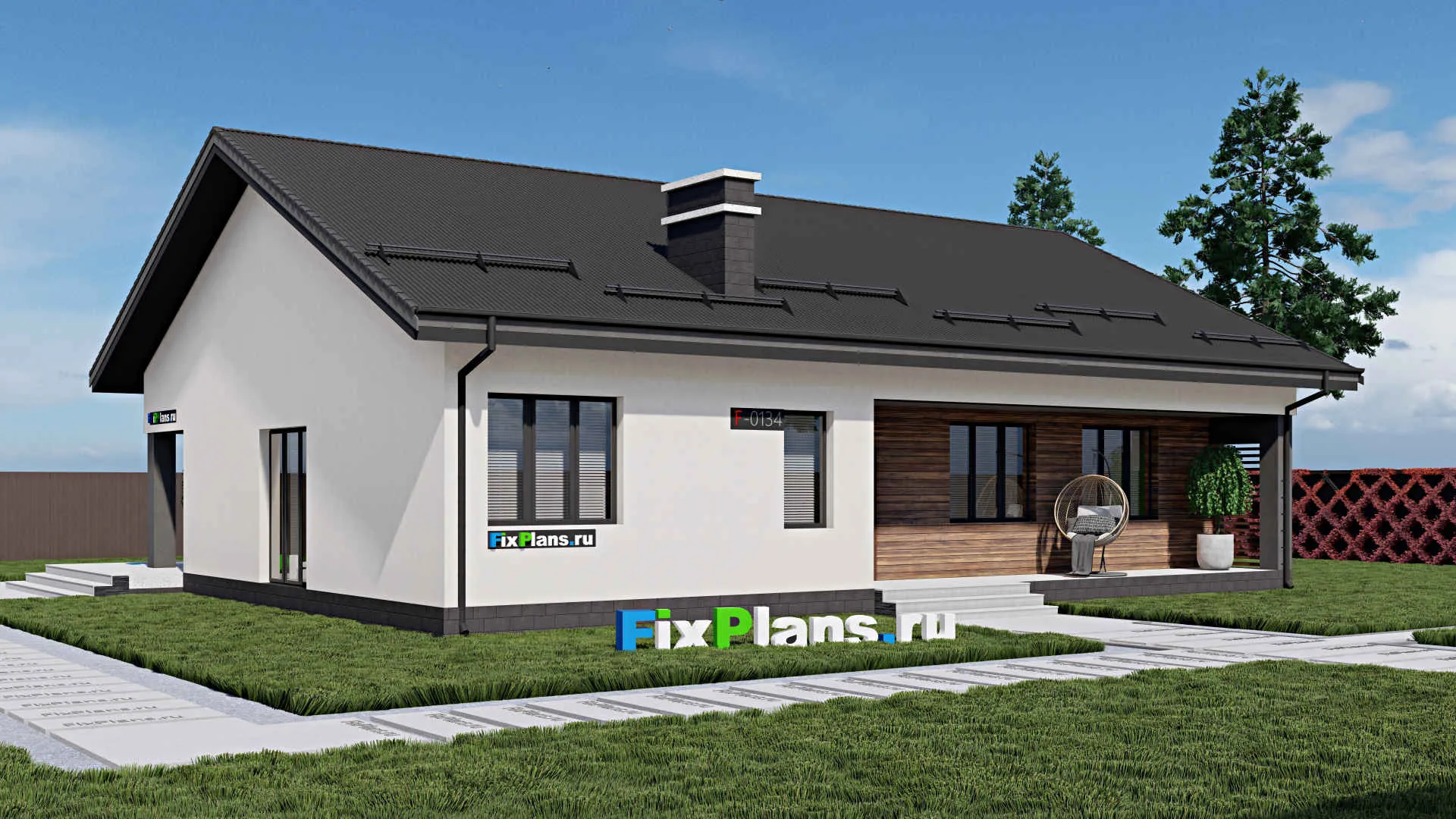 F-0134 - Проект одноэтажного дома 13 на 17, площадью 200 м² с террасой и 4 спальнями