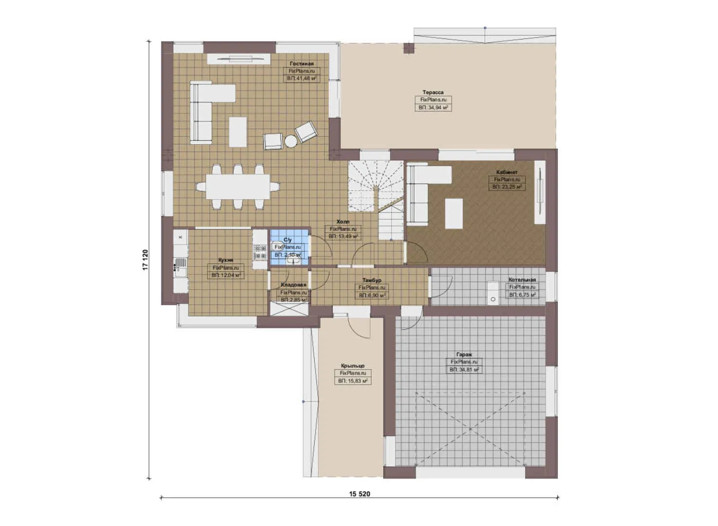 F-16244 - План одноэтажного дома 16 на 18, площадью 320 м² с террасой, гаражом на 1 машину и 3 спальнями
