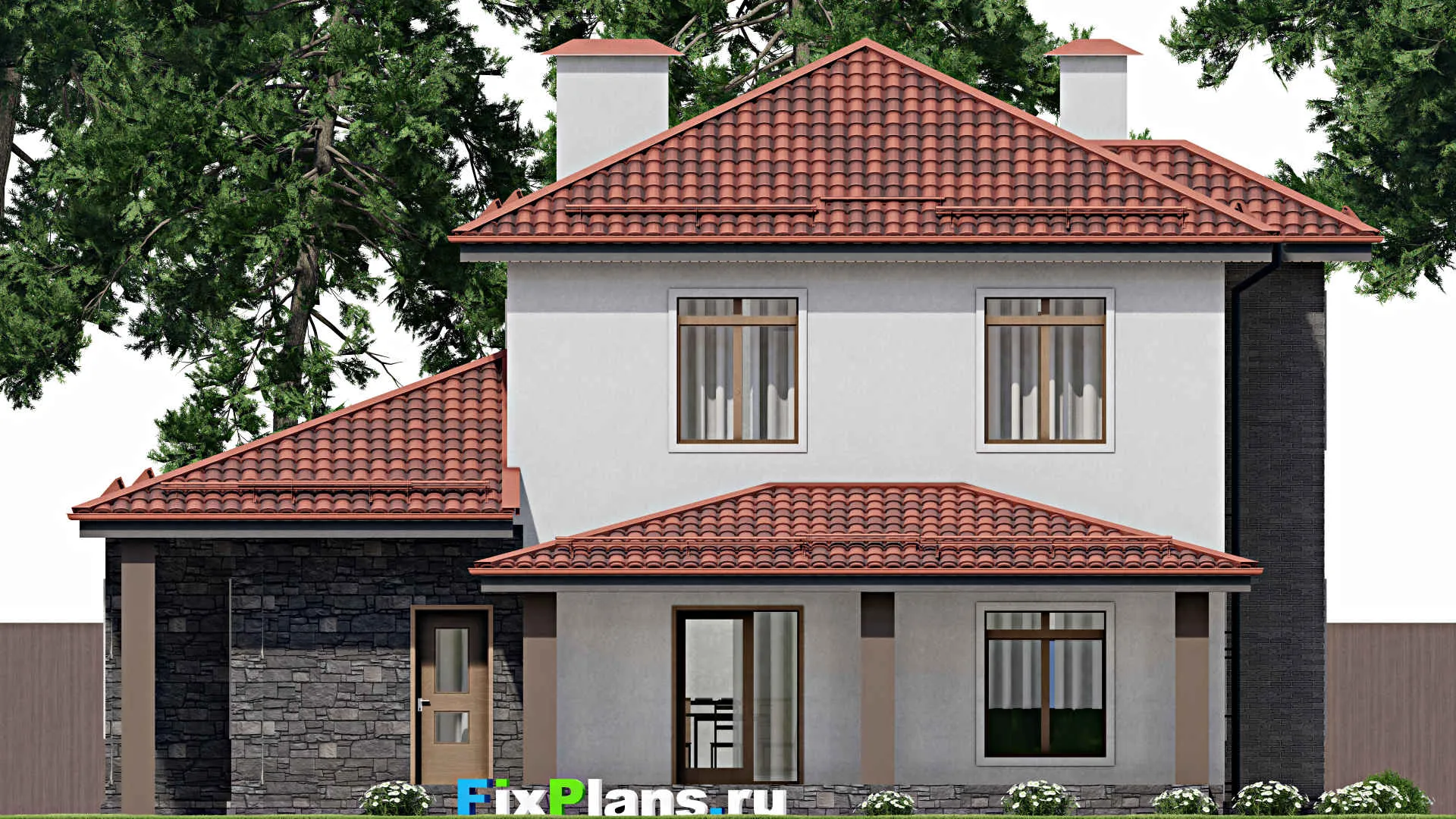 F-4247 - Проект двухэтажного дома 15 на 16, площадью 200 м² с террасой, гаражом на 1 машину и 4 спальнями