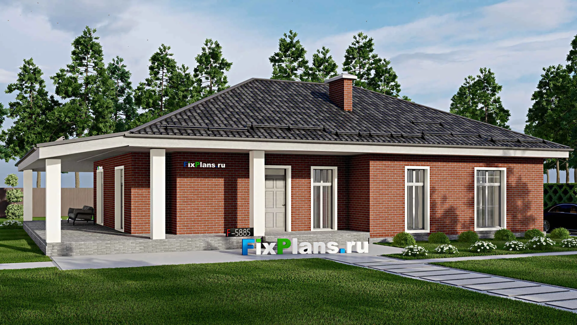 F-5885 - Проект одноэтажного дома 13 на 17, площадью 220 м² с террасой и 3 спальнями