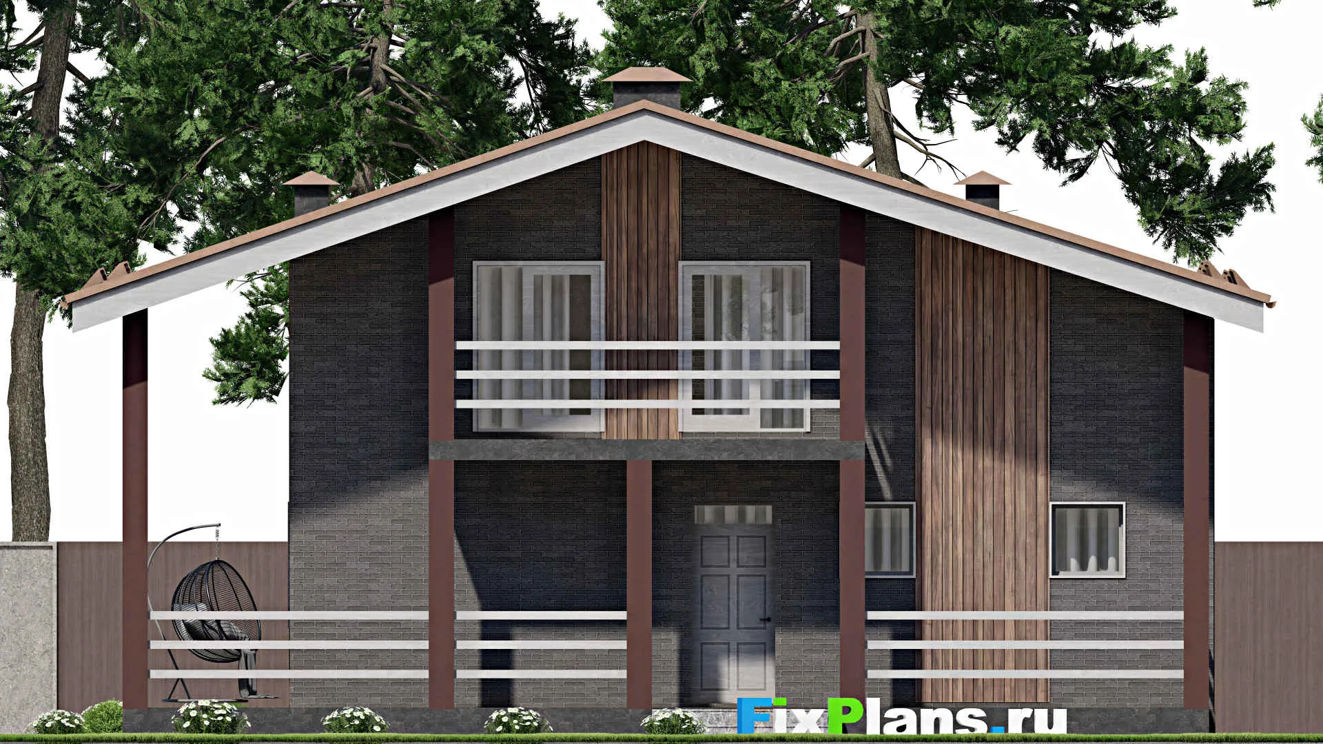 F-8405 - Планы дома с мансардой 13 на 13, площадью 190 м² с террасой, балконом, баней и 2 спальнями