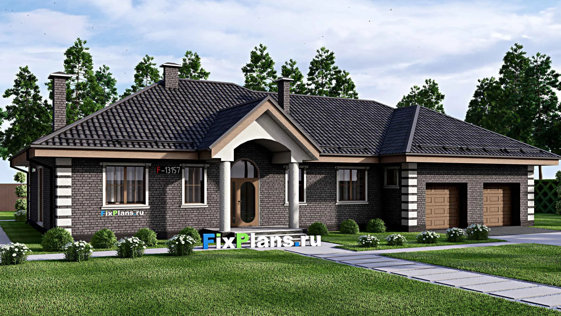 F-13157 - Проект одноэтажного дома 17 на 22, площадью 230 м² с террасой, гаражом на 2 машины и 3 спальнями