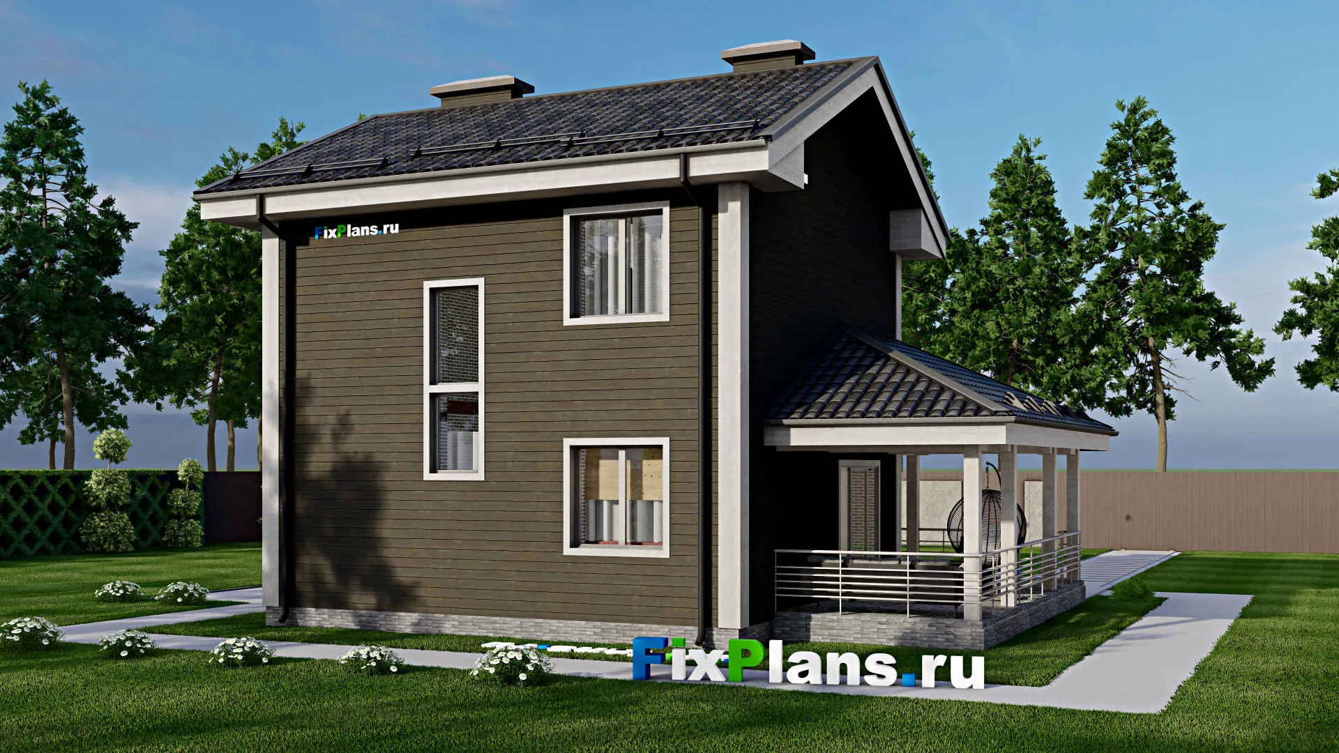 F-5831 - Проект двухэтажного дома 8 на 8, площадью 120 м² с террасой и 2 спальнями