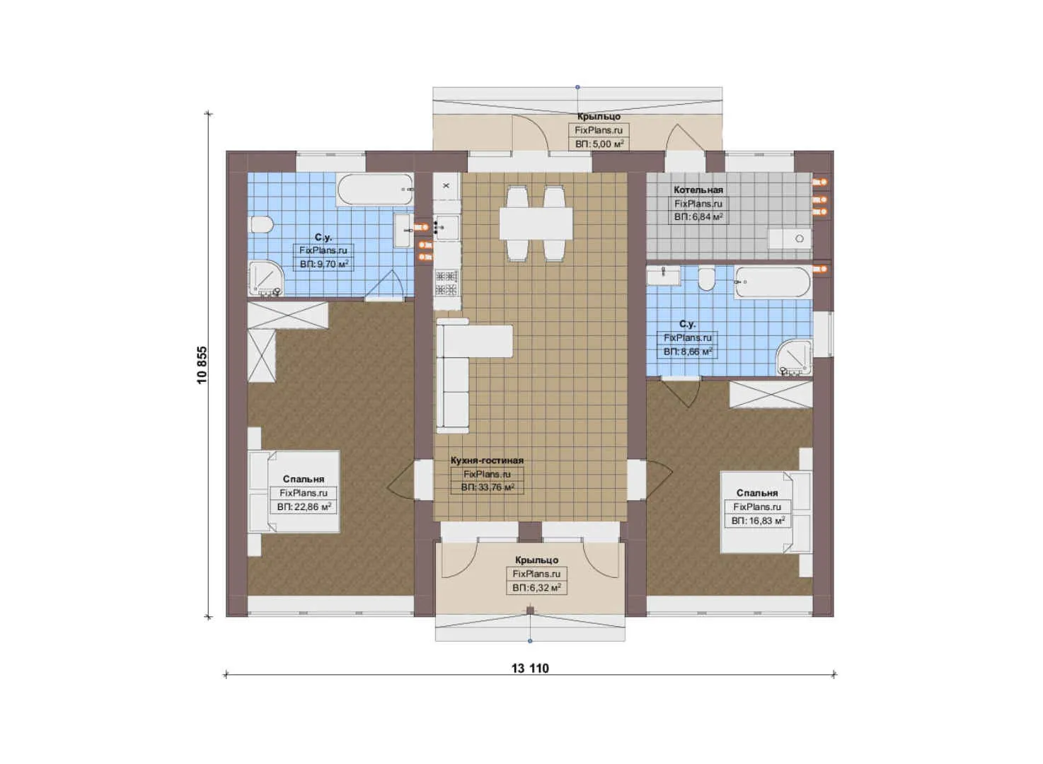 F-19907 - План одноэтажного дома 11 на 14, площадью 110 м² с 2 спальнями