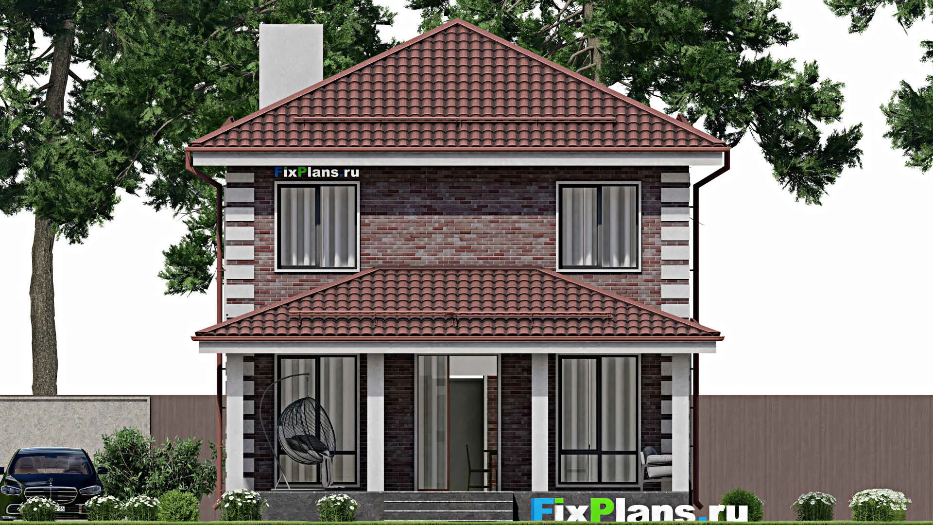 F-2159 - Проект двухэтажного дома 9 на 10, площадью 140 м² с террасой, баней и 3 спальнями