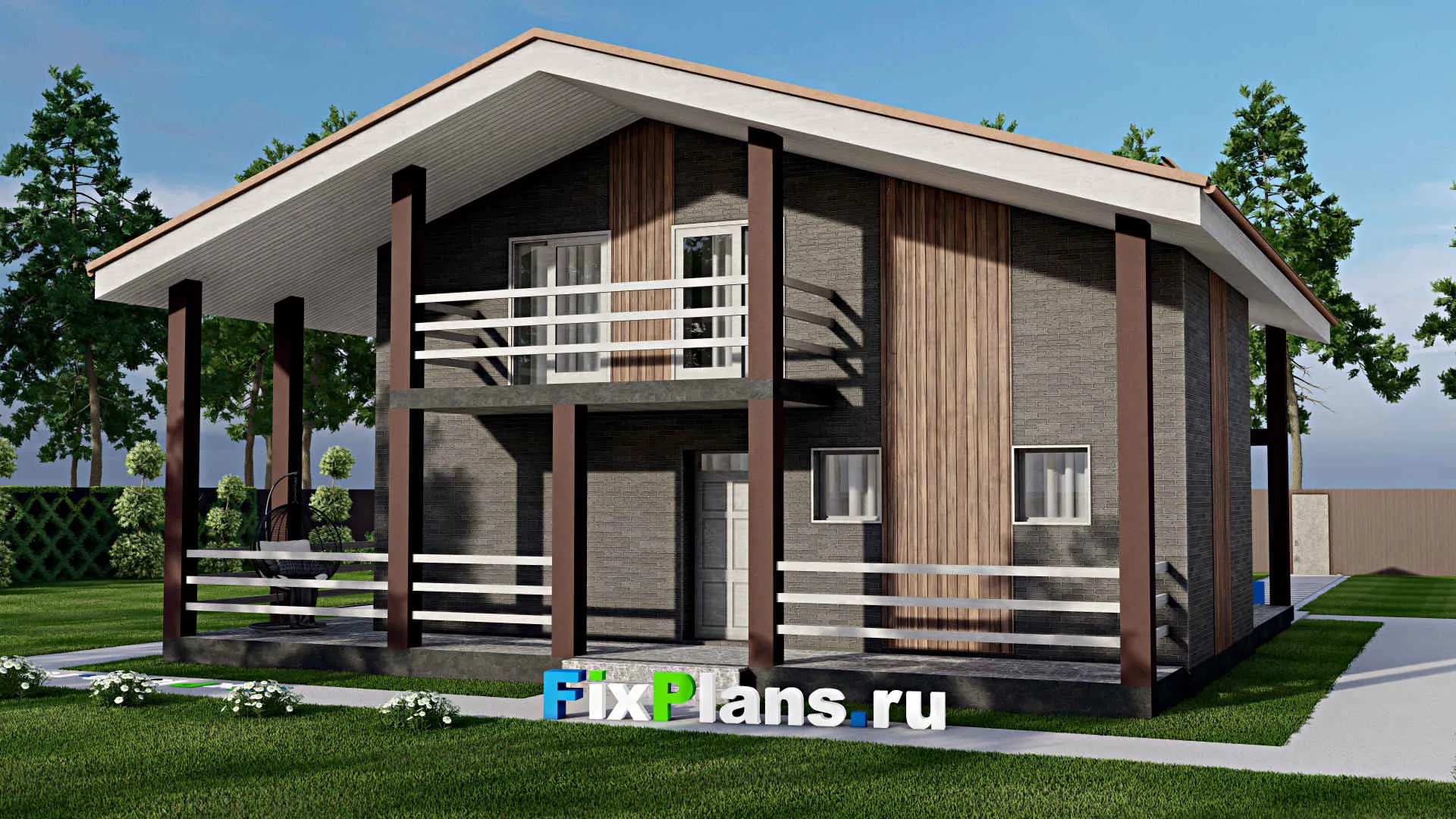 F-8405 - Планы дома с мансардой 13 на 13, площадью 190 м² с террасой, балконом, баней и 2 спальнями