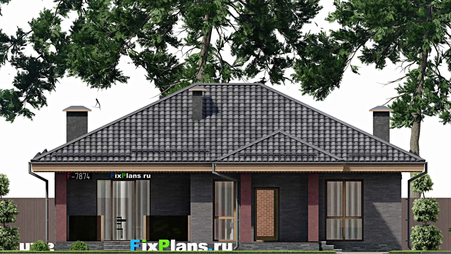 F-7874 - План одноэтажного дома 11 на 14, площадью 120 м² с террасой и 3 спальнями