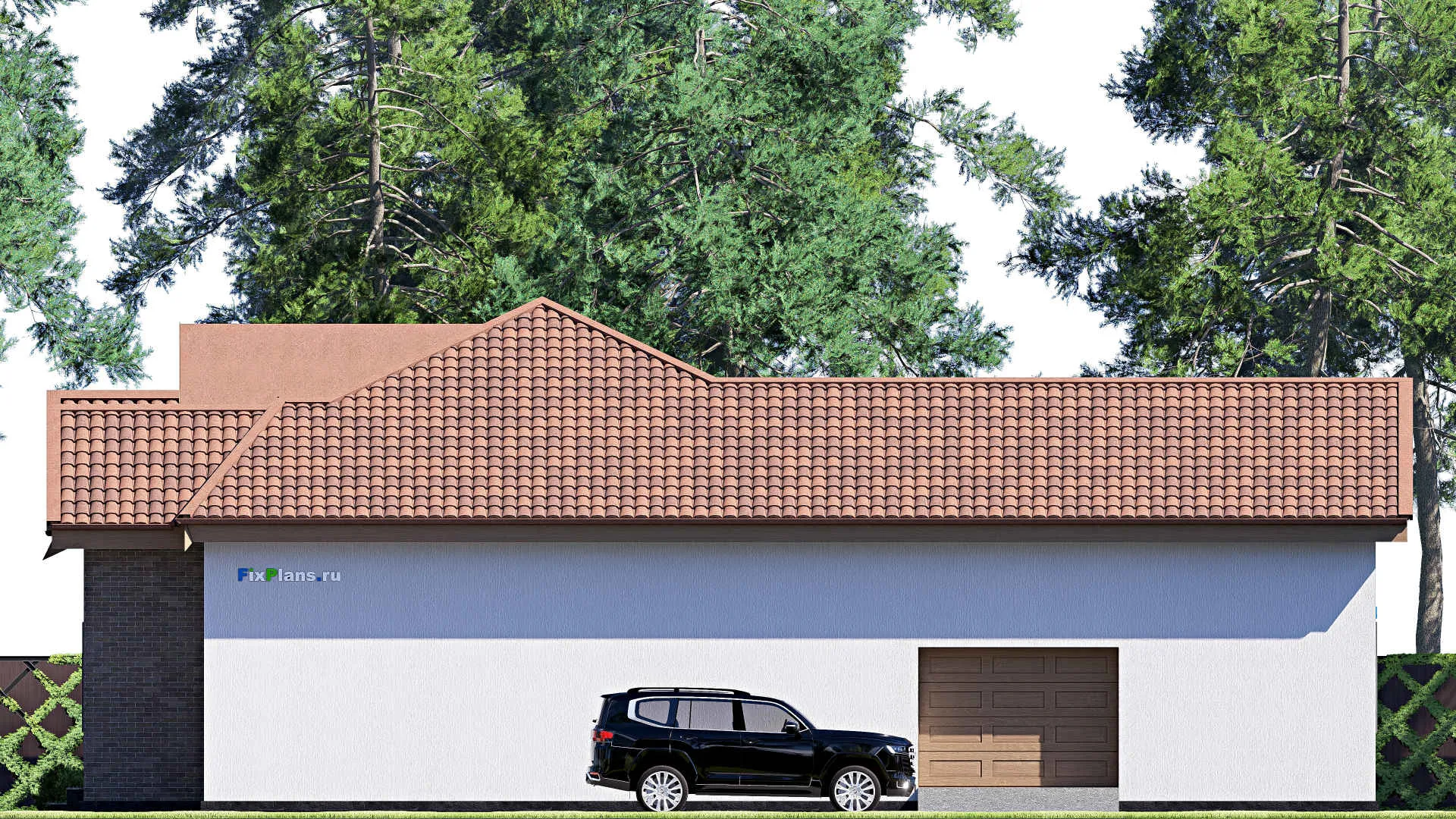 F-19871 - План одноэтажного дома 18 на 20, площадью 250 м² с террасой, гаражом на 2 машины и 3 спальнями