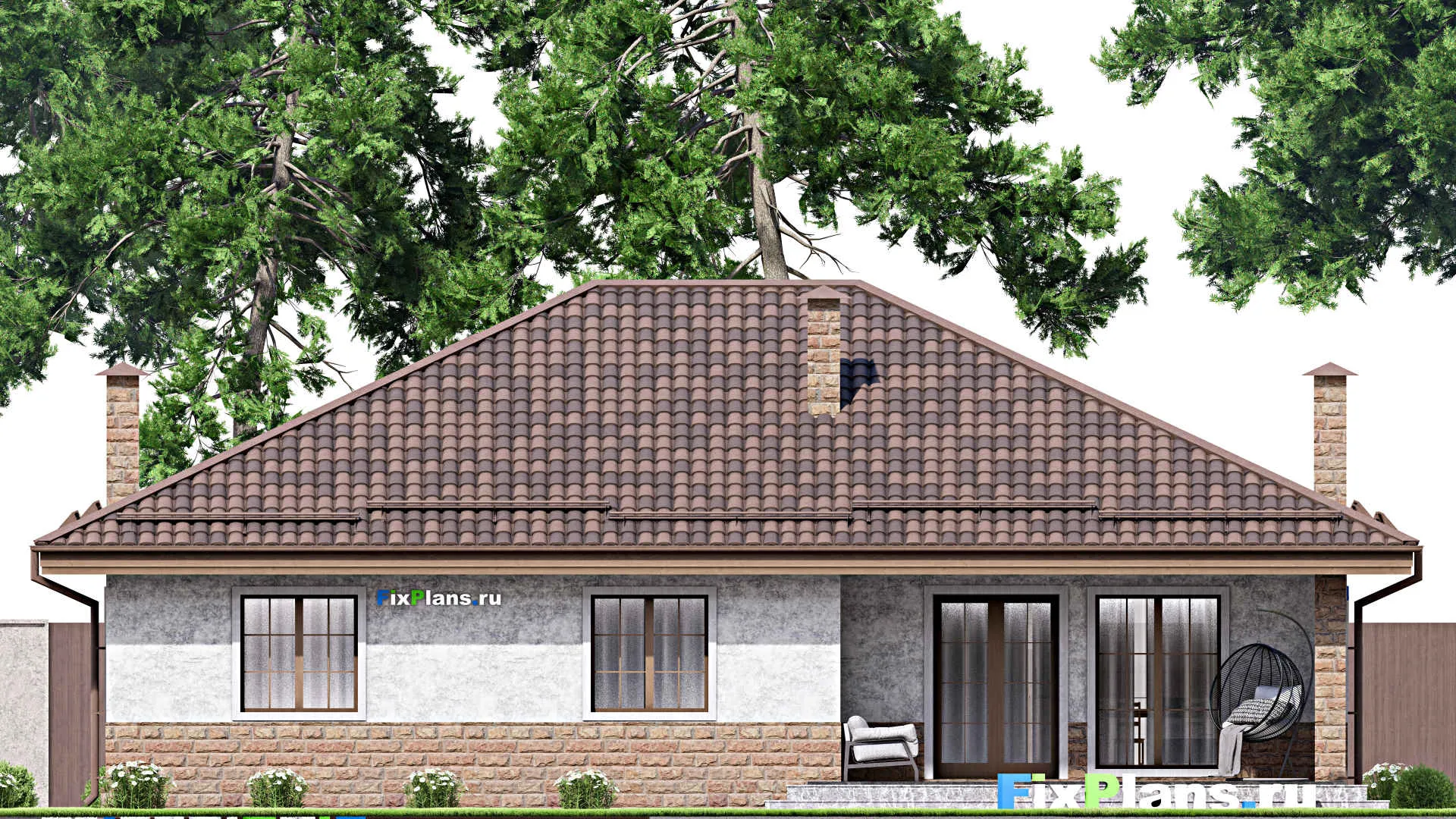 F-14300 - Проект одноэтажного дома 15 на 16, площадью 170 м² с террасой и 3 спальнями