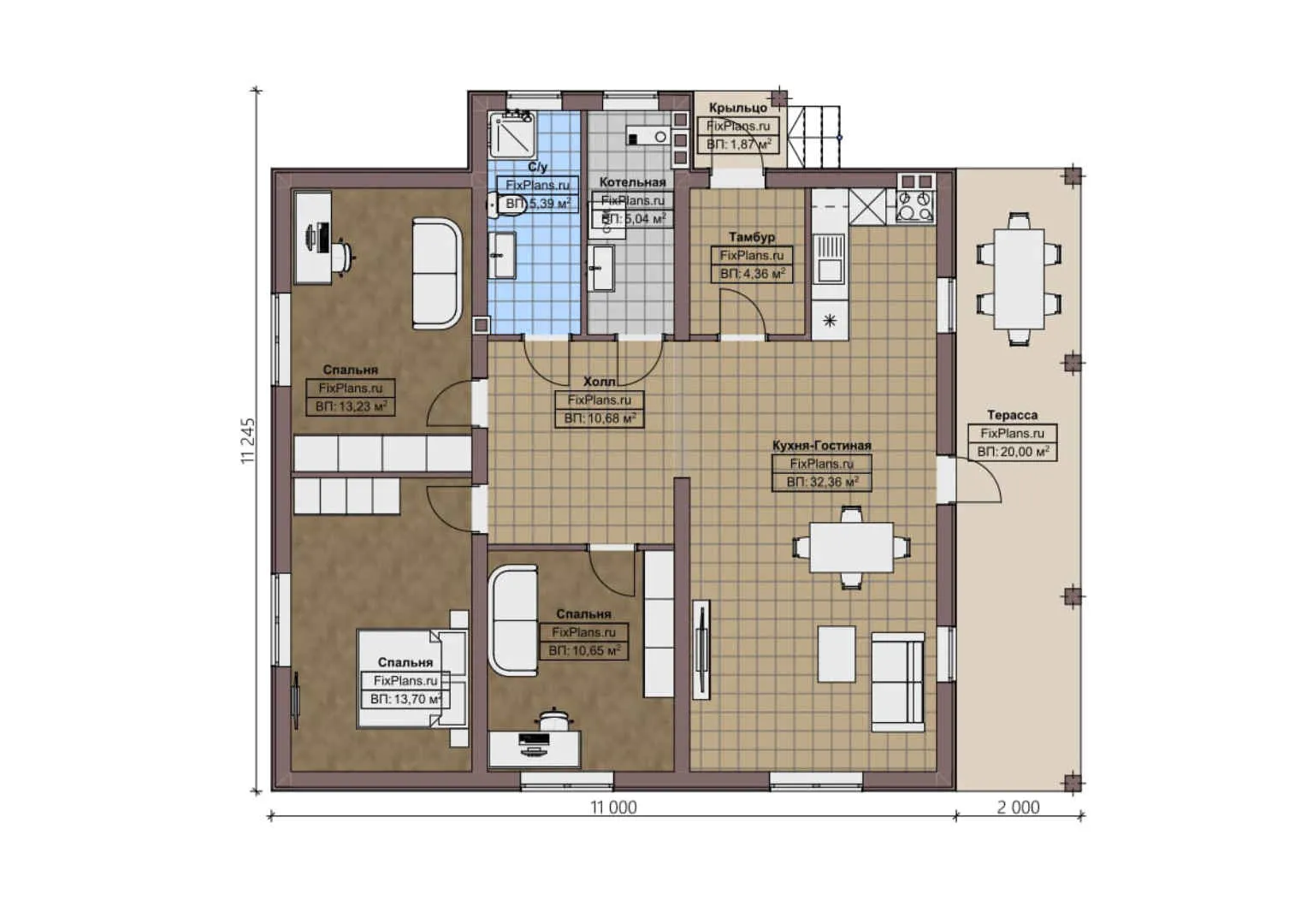 F-1277 - План одноэтажного дома 11 на 12, площадью 120 м² с террасой и 3 спальнями