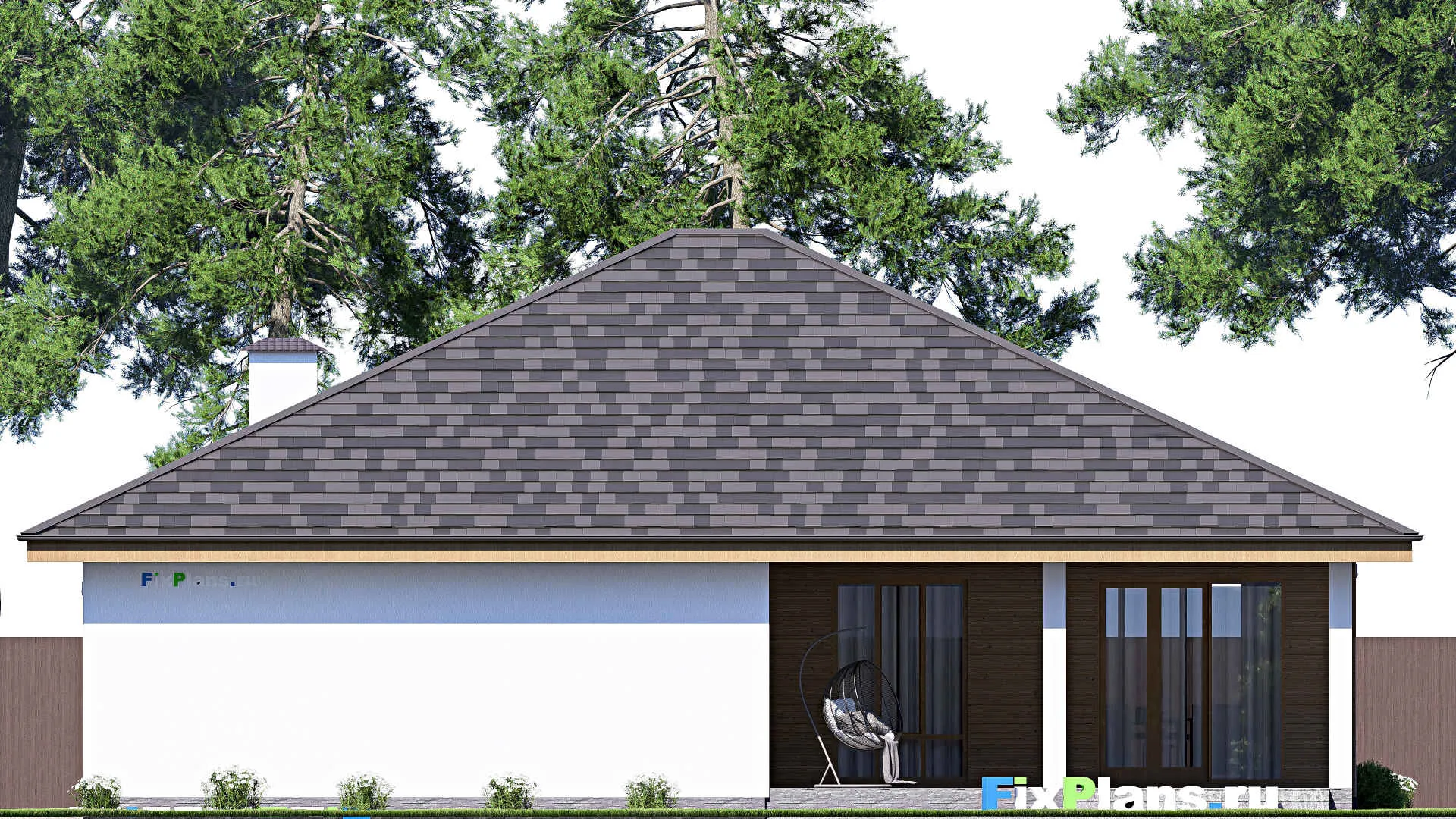 F-19250 - Проект одноэтажного дома 17 на 23, площадью 260 м² с террасой, гаражом на 2 машины и 4 спальнями