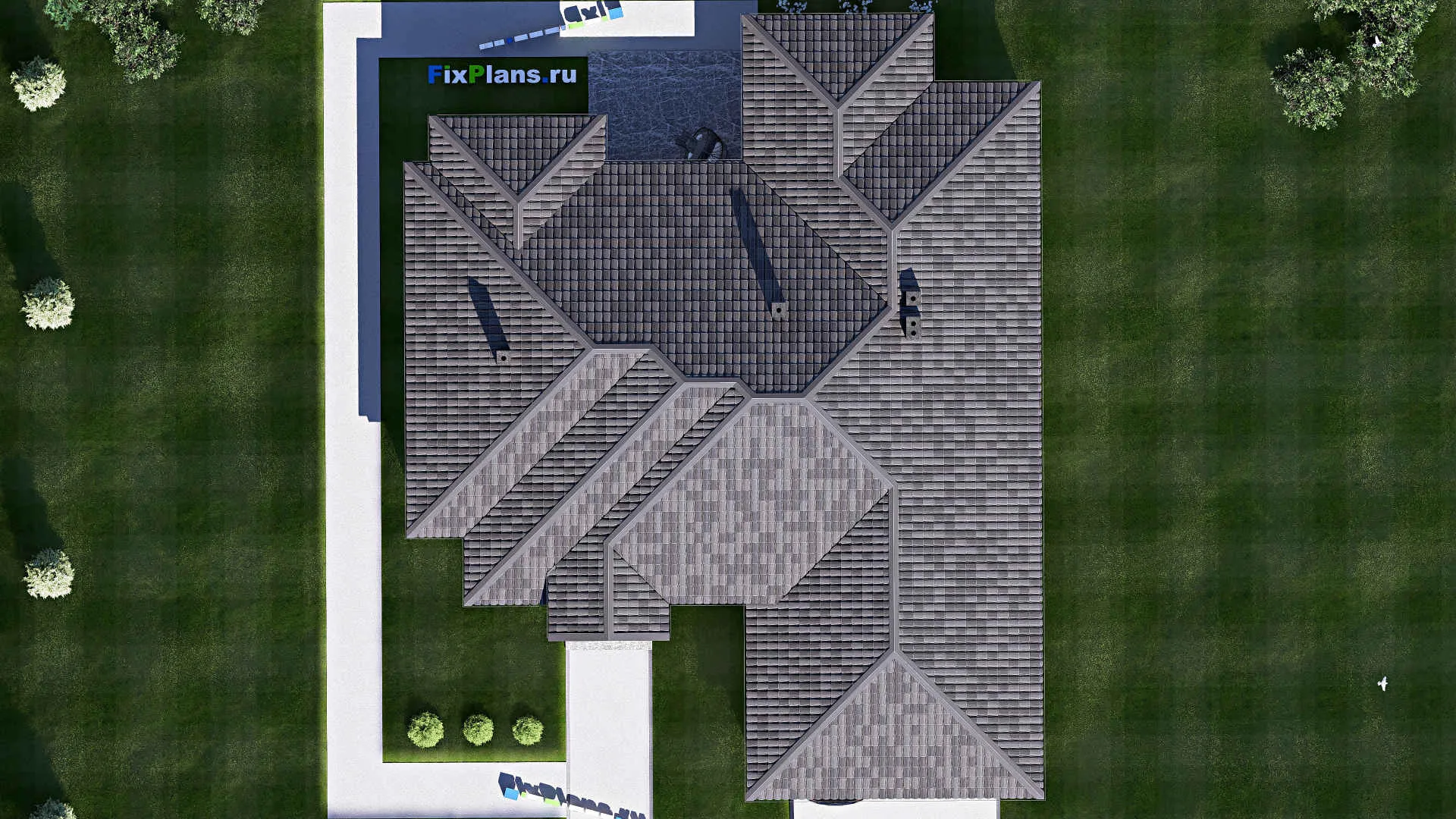 F-17099 - Проект одноэтажного дома 17 на 21, площадью 220 м² с террасой, гаражом на 2 машины и 3 спальнями