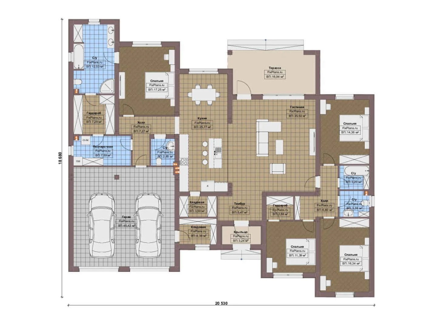 F-16847 - План одноэтажного дома 19 на 21, площадью 260 м² с террасой, гаражом на 2 машины и 4 спальнями