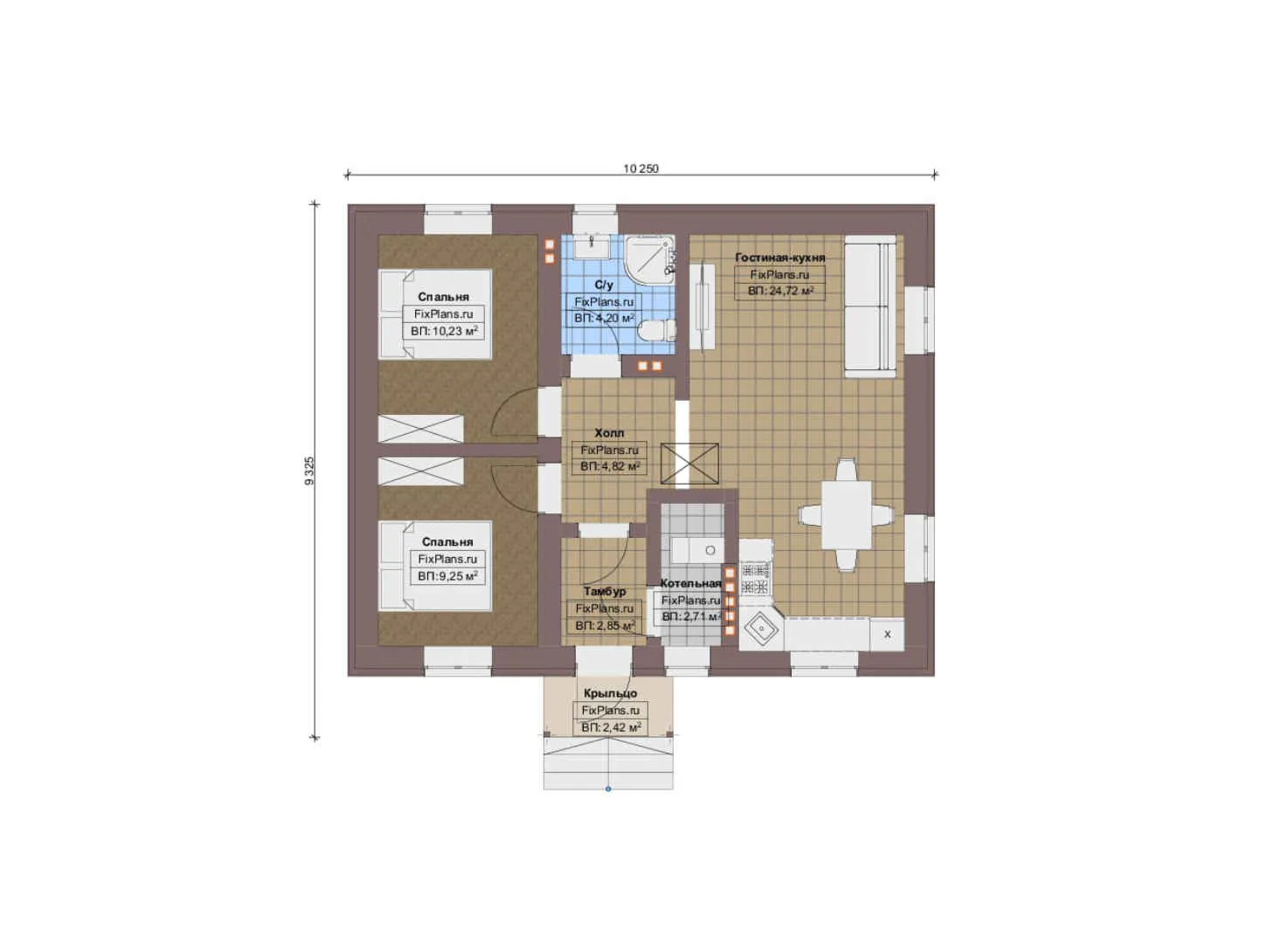 F-14768 - План одноэтажного дома 10 на 11, площадью 70 м² с 2 спальнями