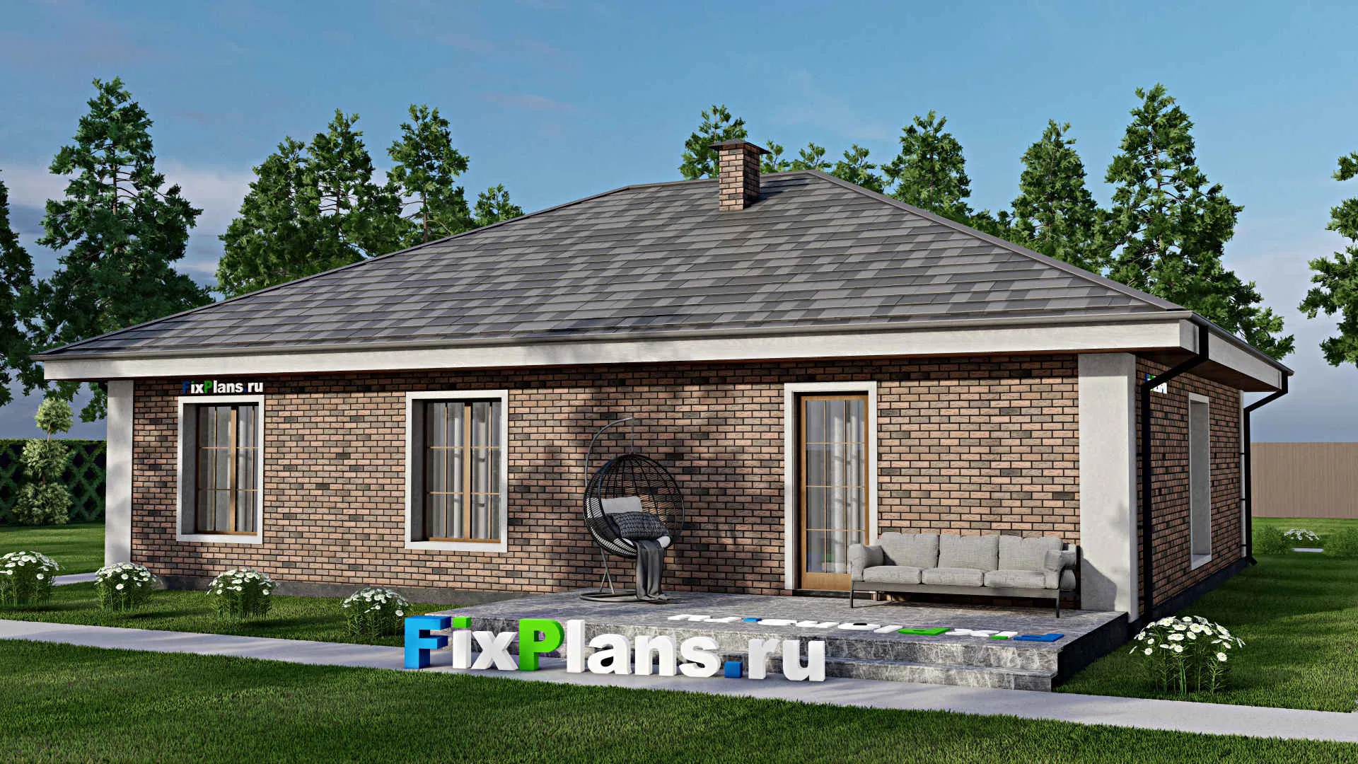 F-12086 - Проект одноэтажного дома 16 на 20, площадью 180 м² с террасой и 3 спальнями