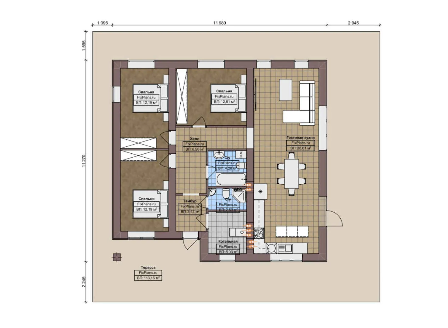 F-7883 - План одноэтажного дома 12 на 12, площадью 220 м² с террасой и 3 спальнями