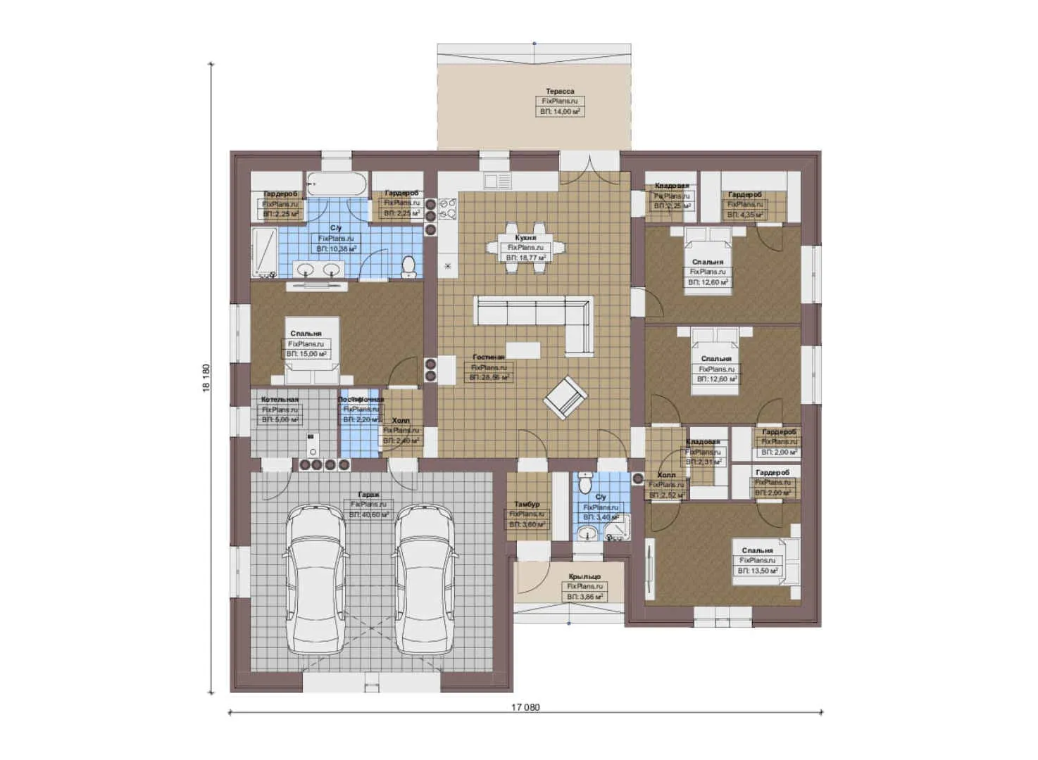 F-16730 - План одноэтажного дома 18 на 19, площадью 210 м² с террасой, гаражом на 2 машины и 4 спальнями