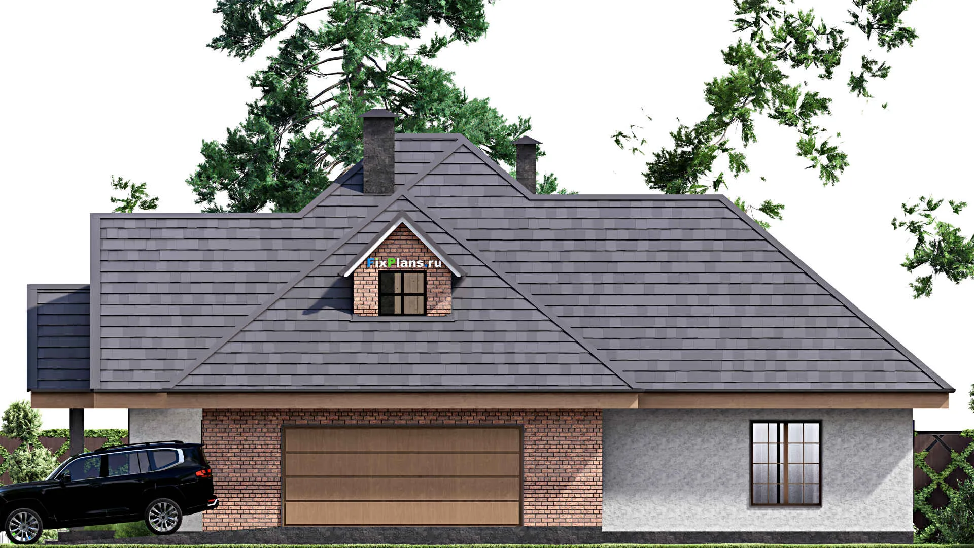 F-16910 - Проект одноэтажного дома 18 на 24, площадью 290 м² с террасой, гаражом на 2 машины и 4 спальнями